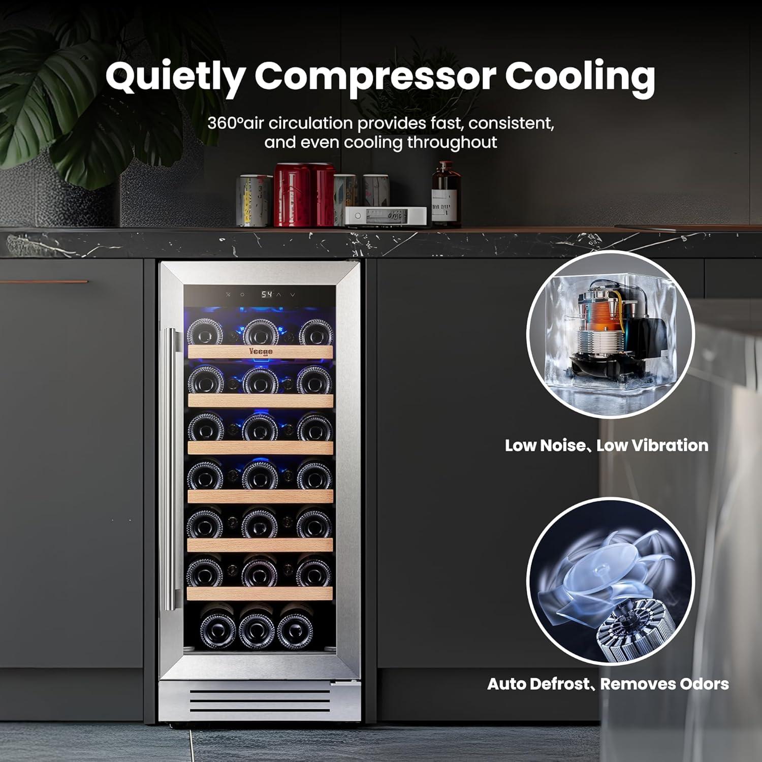 Yeego 15" Wine Cooler Refrigerator,33 Bottle Single Zone Wine Fridge with Stainless Steel Tempered Glass Door,Freestanding and Built-in