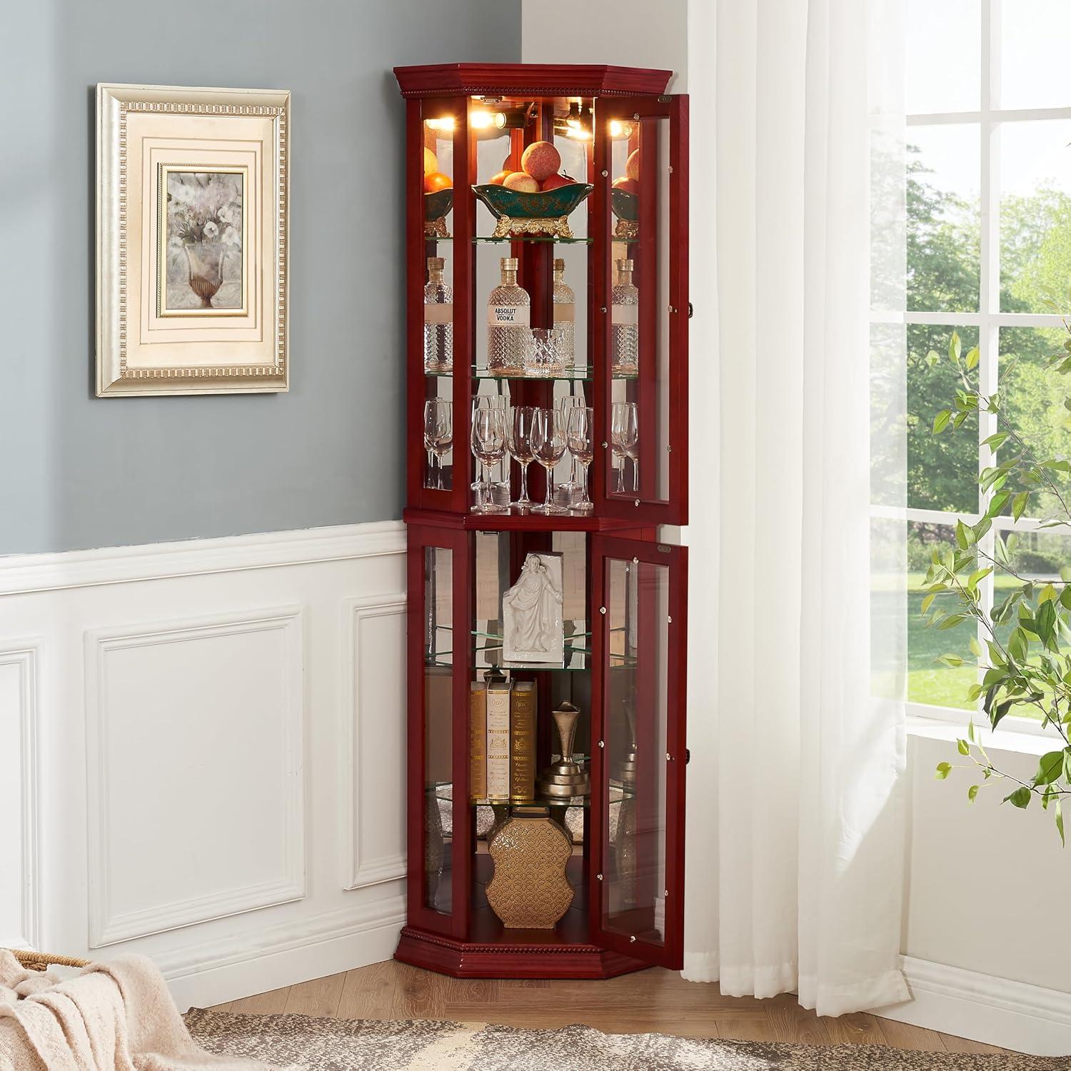 Lighted 3-Side Glass Display Curio Cabinet with Tempered Glass Doors and Shelves, Curved Wood Corner Cabinet with Bulb, Cherry