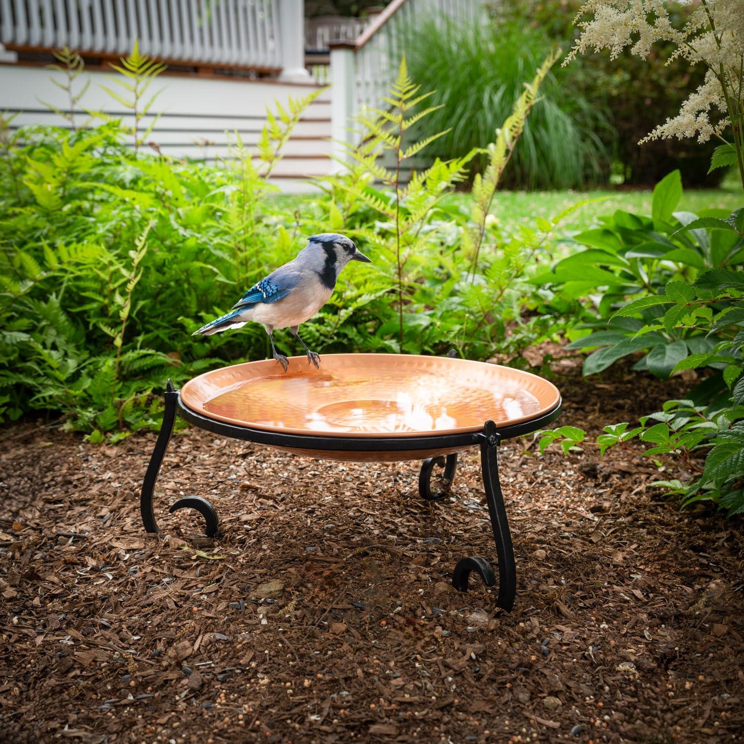 Good Directions BB-1 Pure Copper Birdbath Bird Feeder Heavy Gauge, 13.5” Diameter, Hand-Forged Black Steel Stand