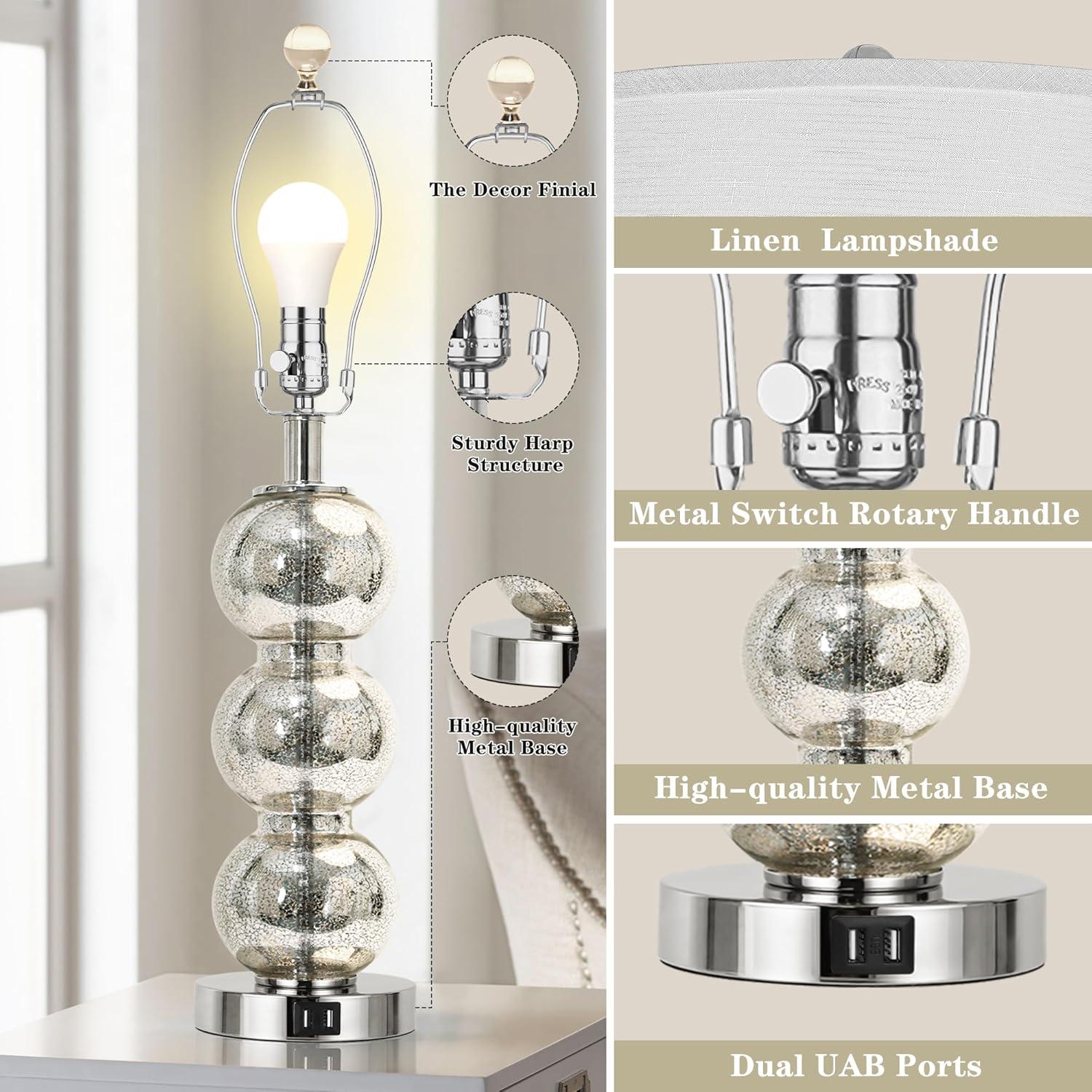Rosdorf Park Led Table Lamps Set Of 2 - Contemporary Triple Glass Sphere Design, Mercury Silver/Chrome Finish