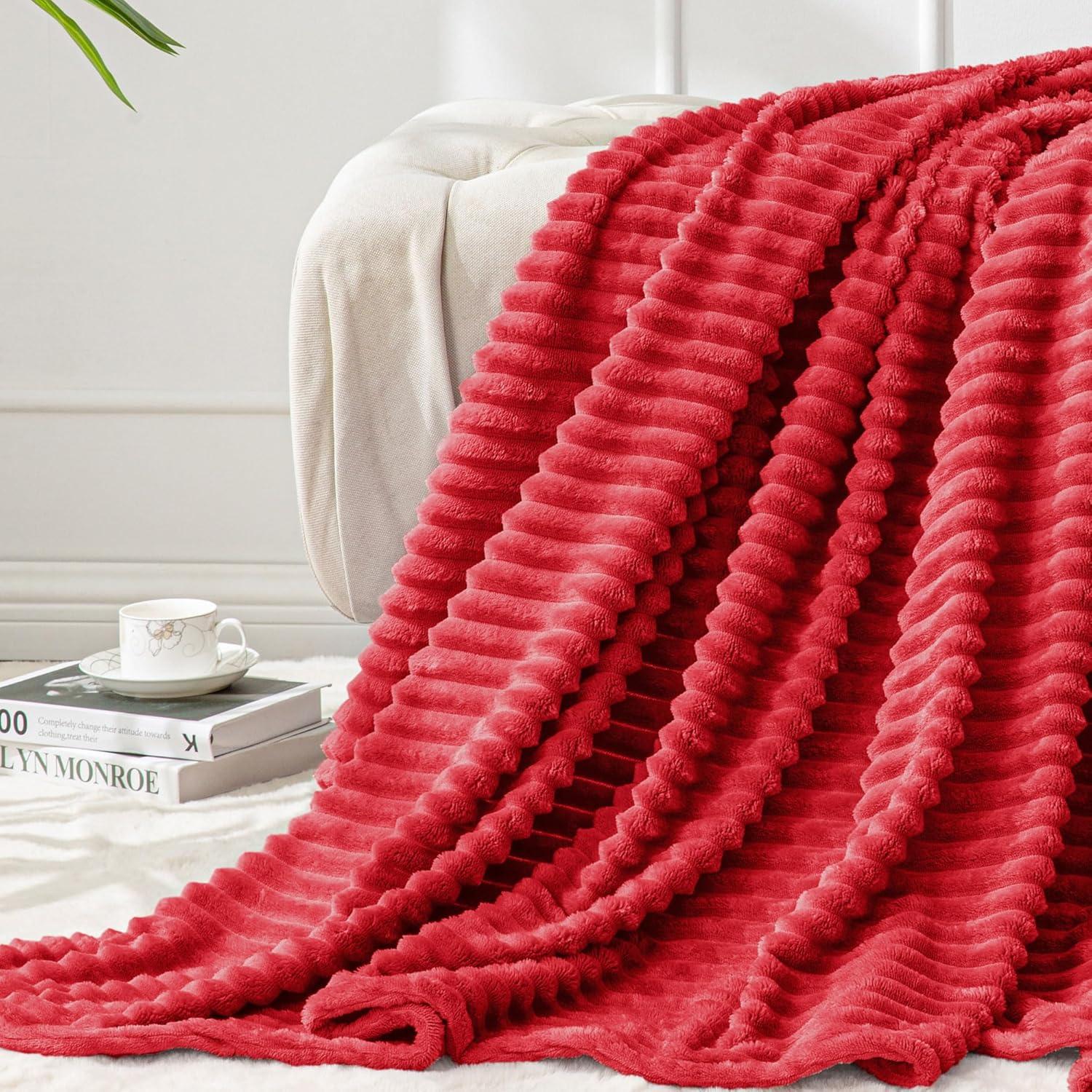 BEDELITE Fleece Throw Blanket for Couch 3D Ribbed Jacquard Cozy, Fluffy, Plush Lightweight Red Throw Blankets for Bed, Sofa, 50x60 inches