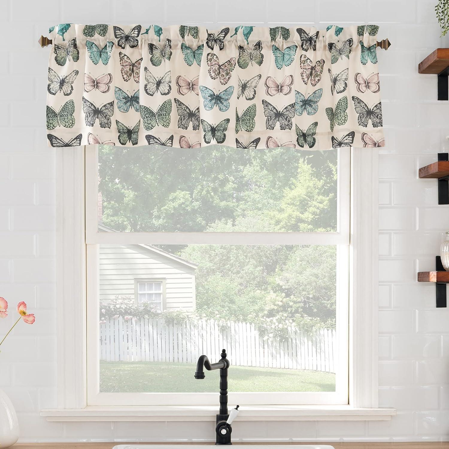 56" x 14" Blue Butterfly Print Sheer Rod Pocket Valance