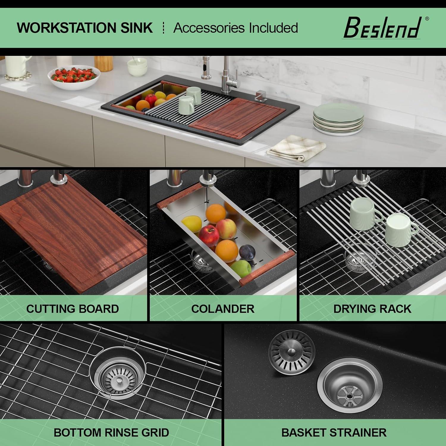 33 Granite Composite Kitchen Sink - 33x22 Inch Black Granite Kitchen Sinks Drop In Black Quartz Sink Ledge Workstation Classic Above Counter Single Bowl Sinks Basin