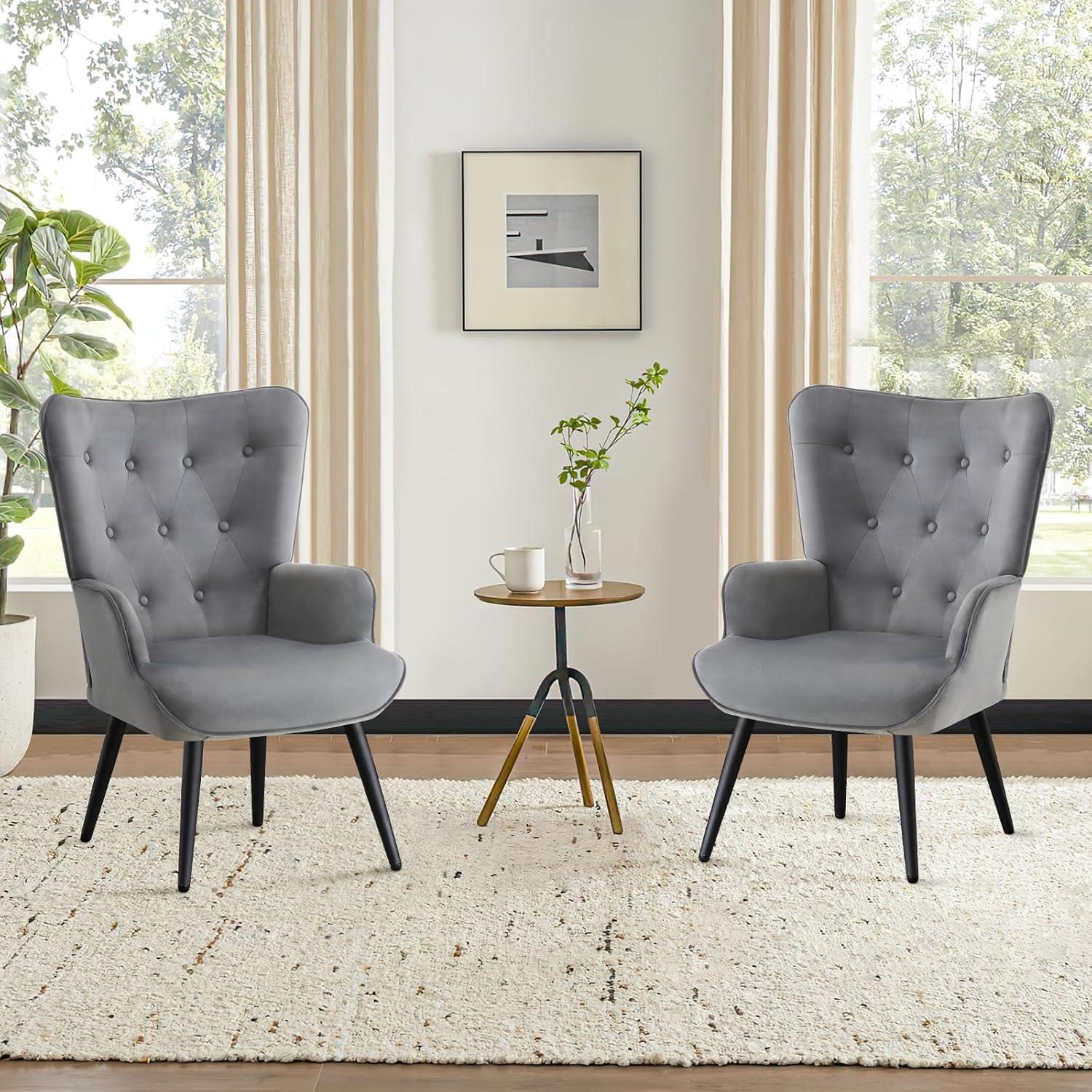 Furniliving Modern Accent Chairs Upholstered Velvet Wingback Chair with High Backrest Arm Chair Set of 2, Grey