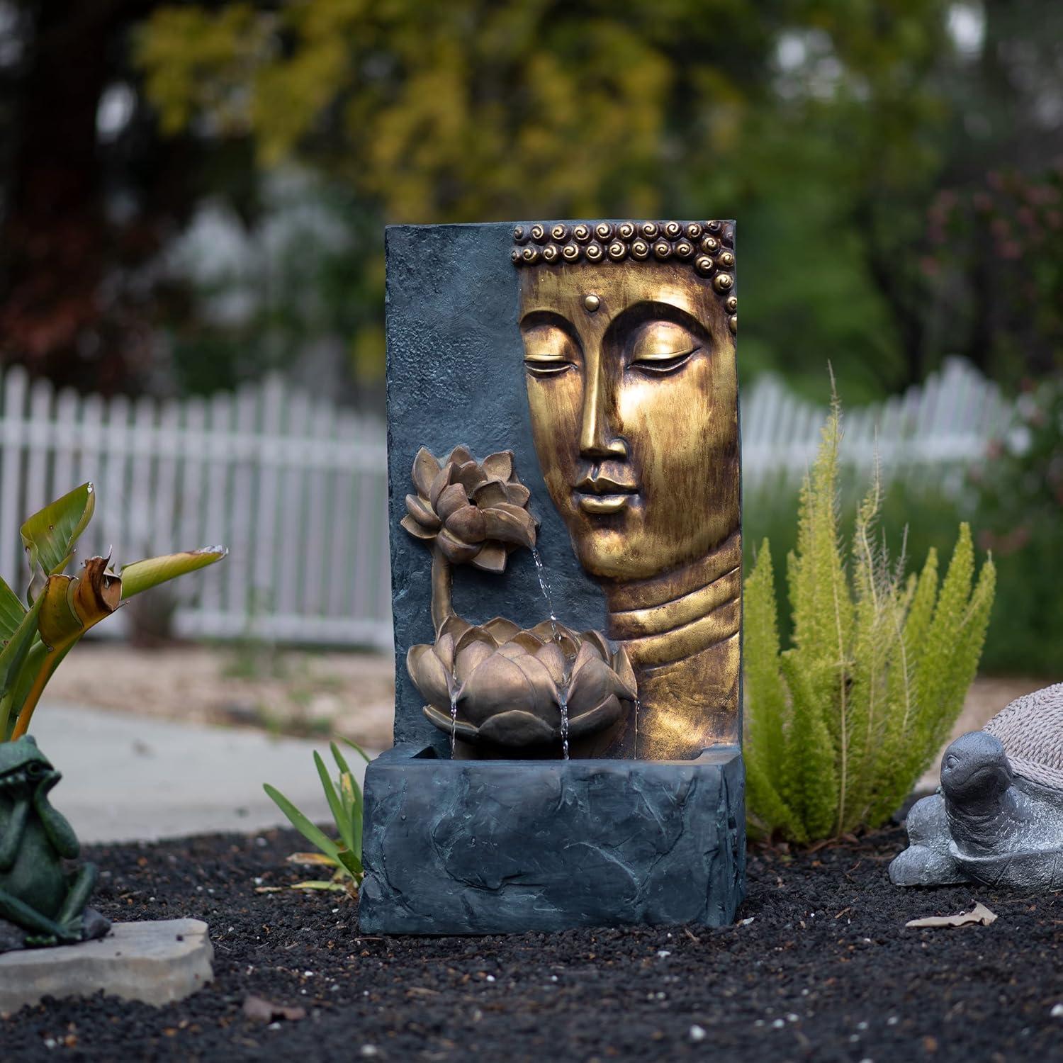 XBrand 30" H Zen Buddha Face Water Fountain w/ LED light & Pump, Indoor/Outdoor Freestanding, Relaxing Zen Décor, Bronze and Natural Grey Polyresin Fountain for Home Patio Garden Backyard