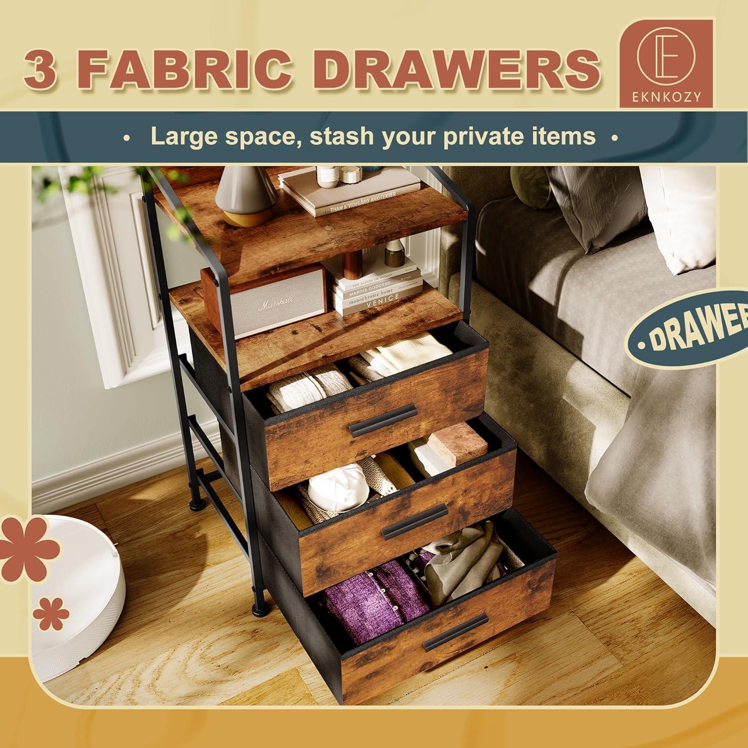 Nightstand Drawer Dresser, Vertical Side Table with Fabric Drawers 3-drawer