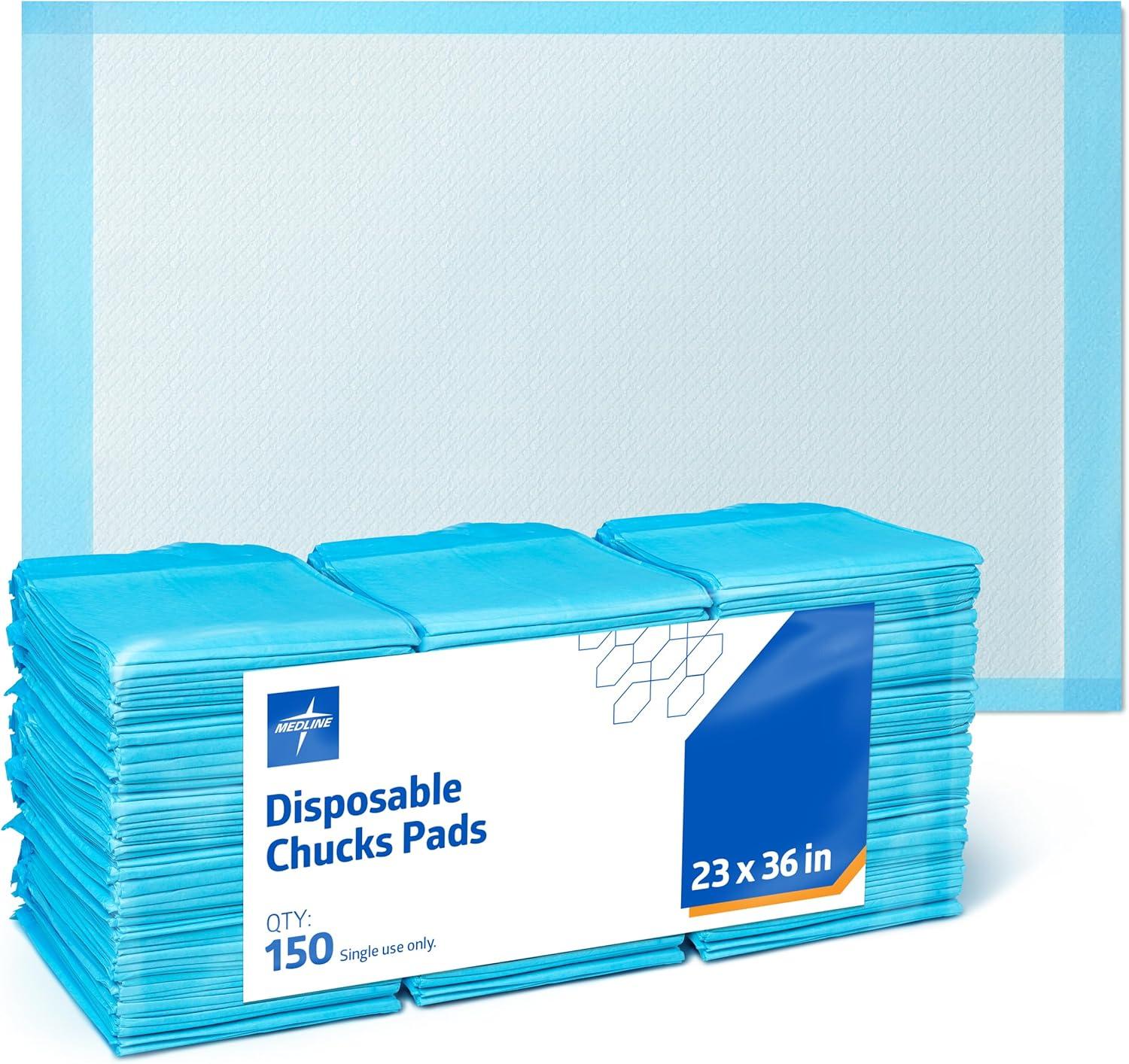 Medline Quilted Basic Disposable Blue Underpad, For Incontinence, Furniture Protection or Pet Pads, 23" X 36", Blue, 150 Count