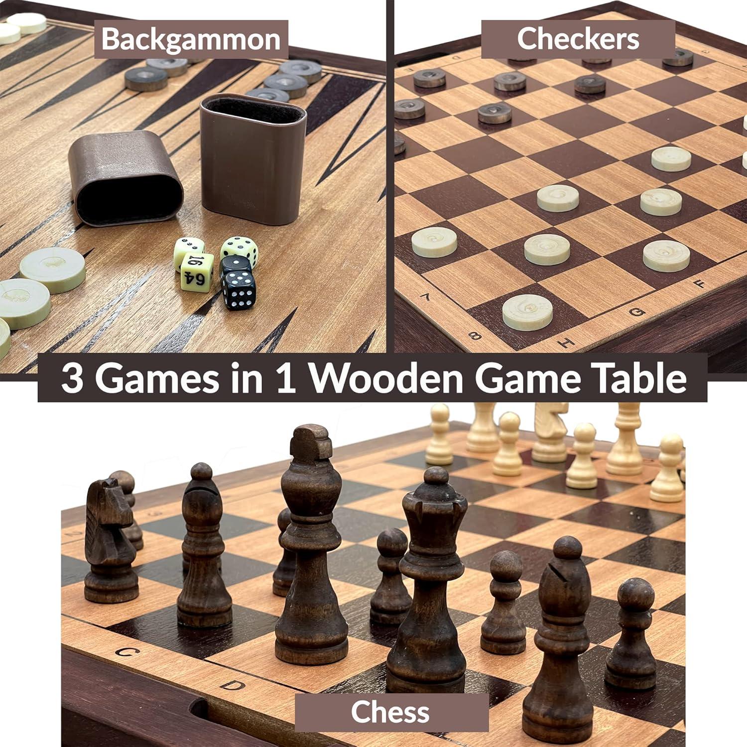 Sunnywood Wooden Chess Checkers and Backgammon 3 in 1 Combo Game Table Furniture Set, 25" x 25", 4" King