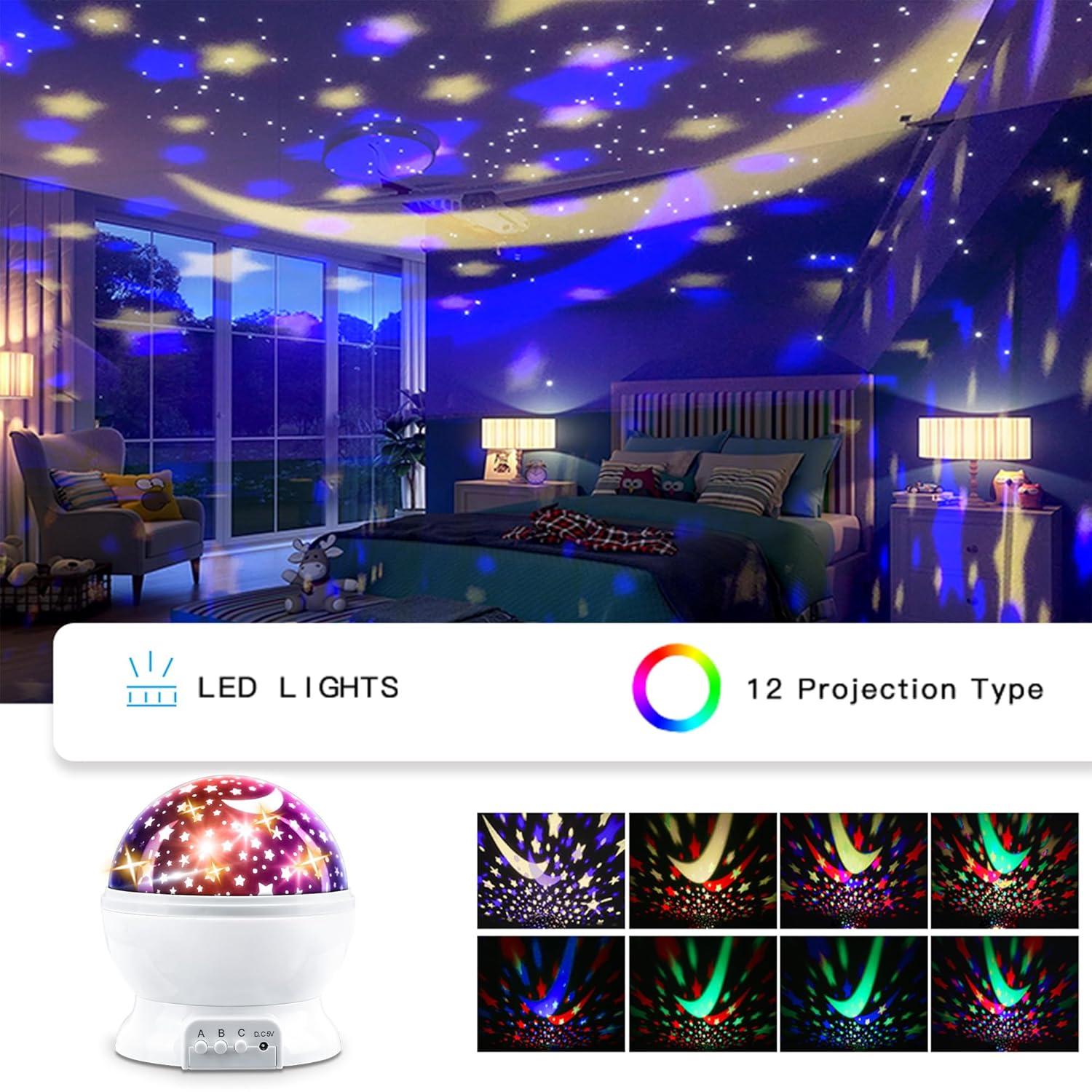 MOKOQI Star Projector Night Lights for Kids, Fun Gifts for 1-4-6-14 Year Old Girl and Boy, Projection Lamp for Kids Bedroom Ceiling, Stars and Moon for Child Asleep Peacefully (White)