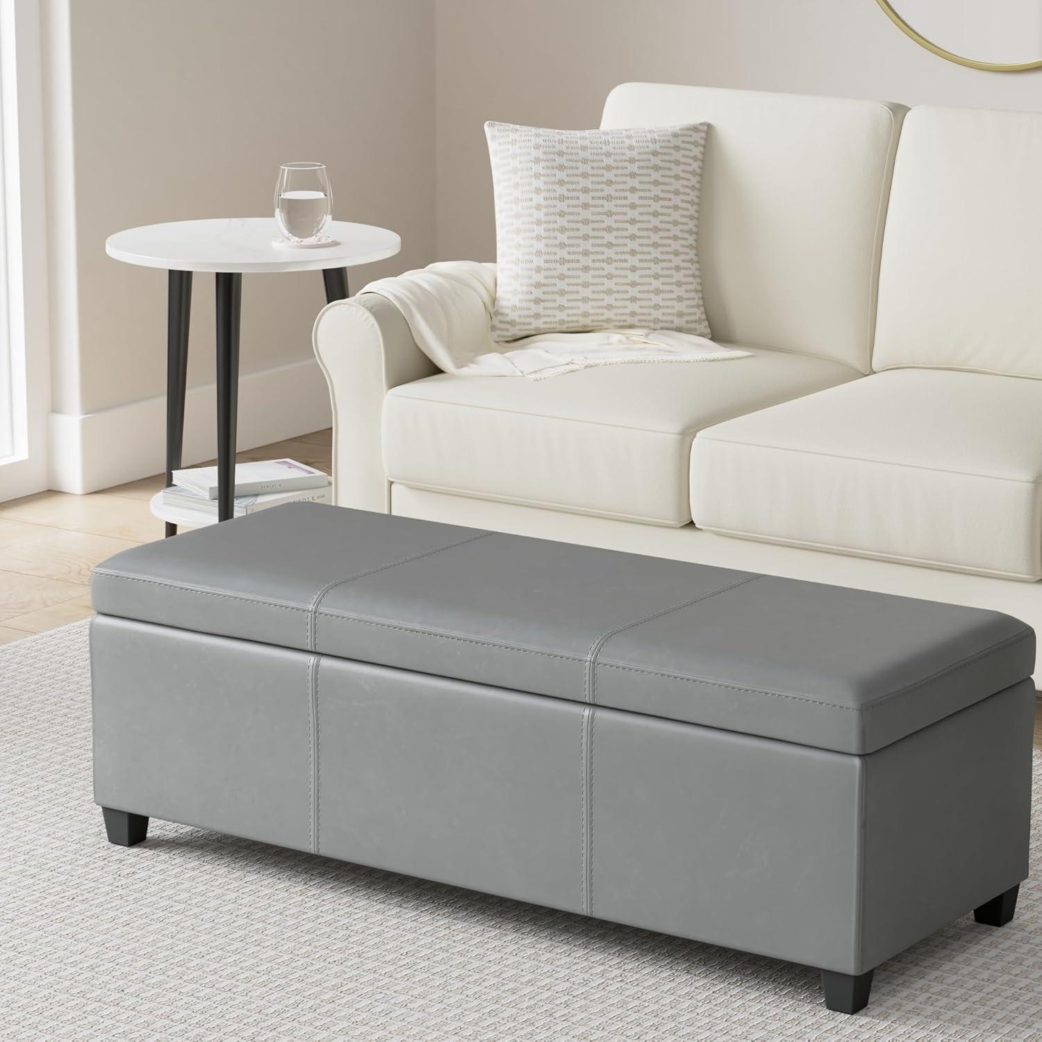 Avalon 48" W Rectangle Storage Ottoman Bench in Stone Gray Faux Leather