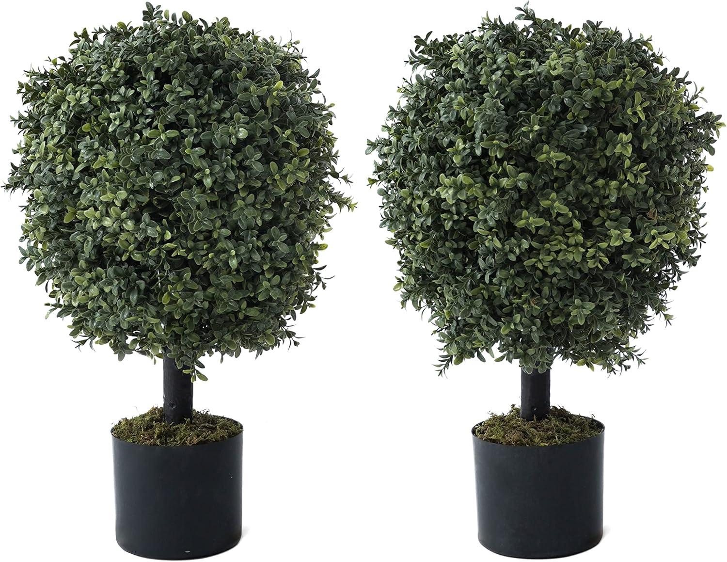 Set of 2 Green Artificial Boxwood Topiary Trees in Black Pots