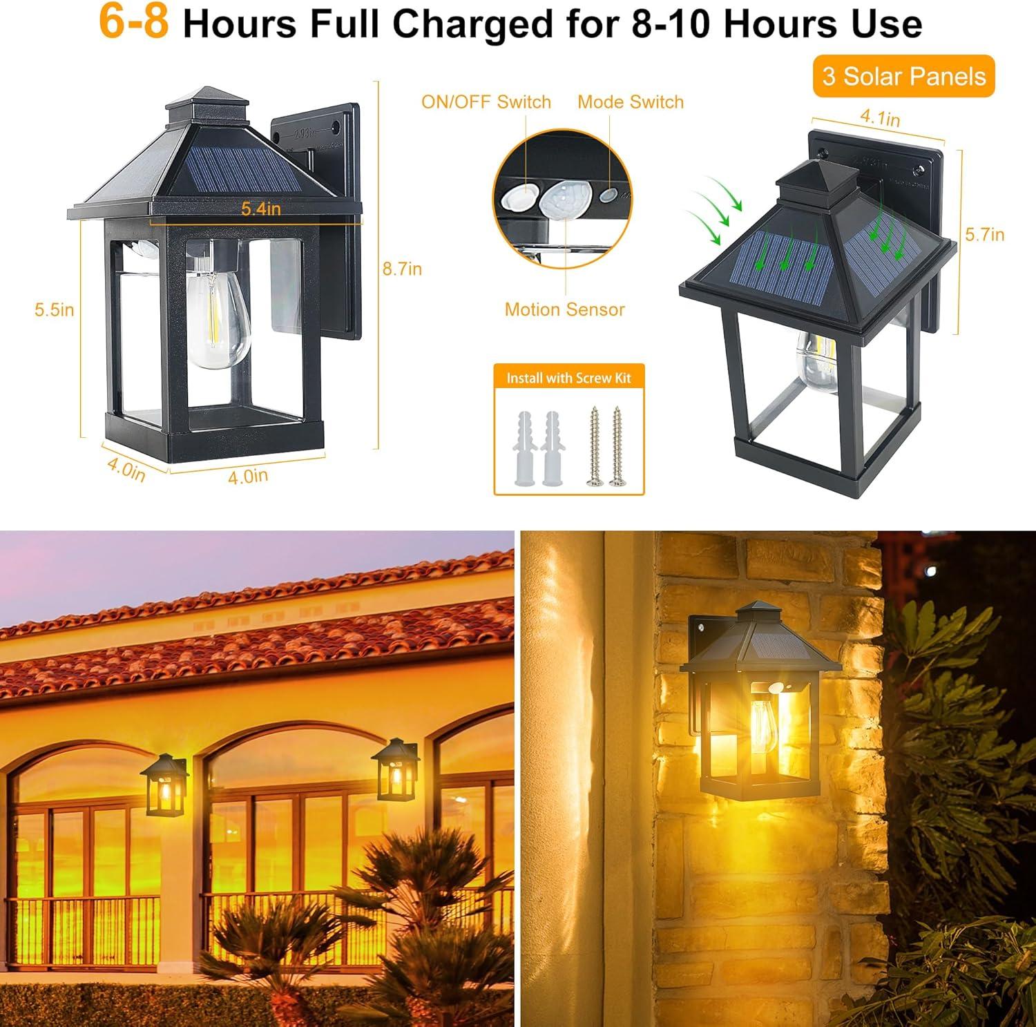 Black Solar Powered Outdoor Wall Sconce with Motion Sensor