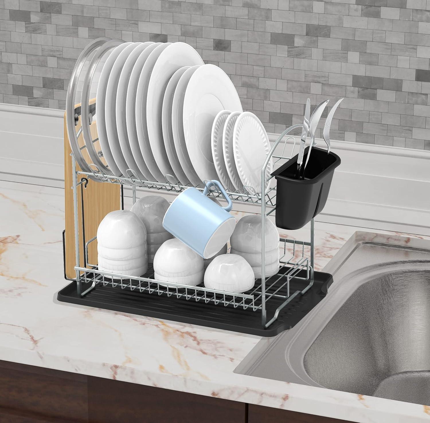 SimpleHouseware 2-Tier Dish Rack with Drainboard, Silver