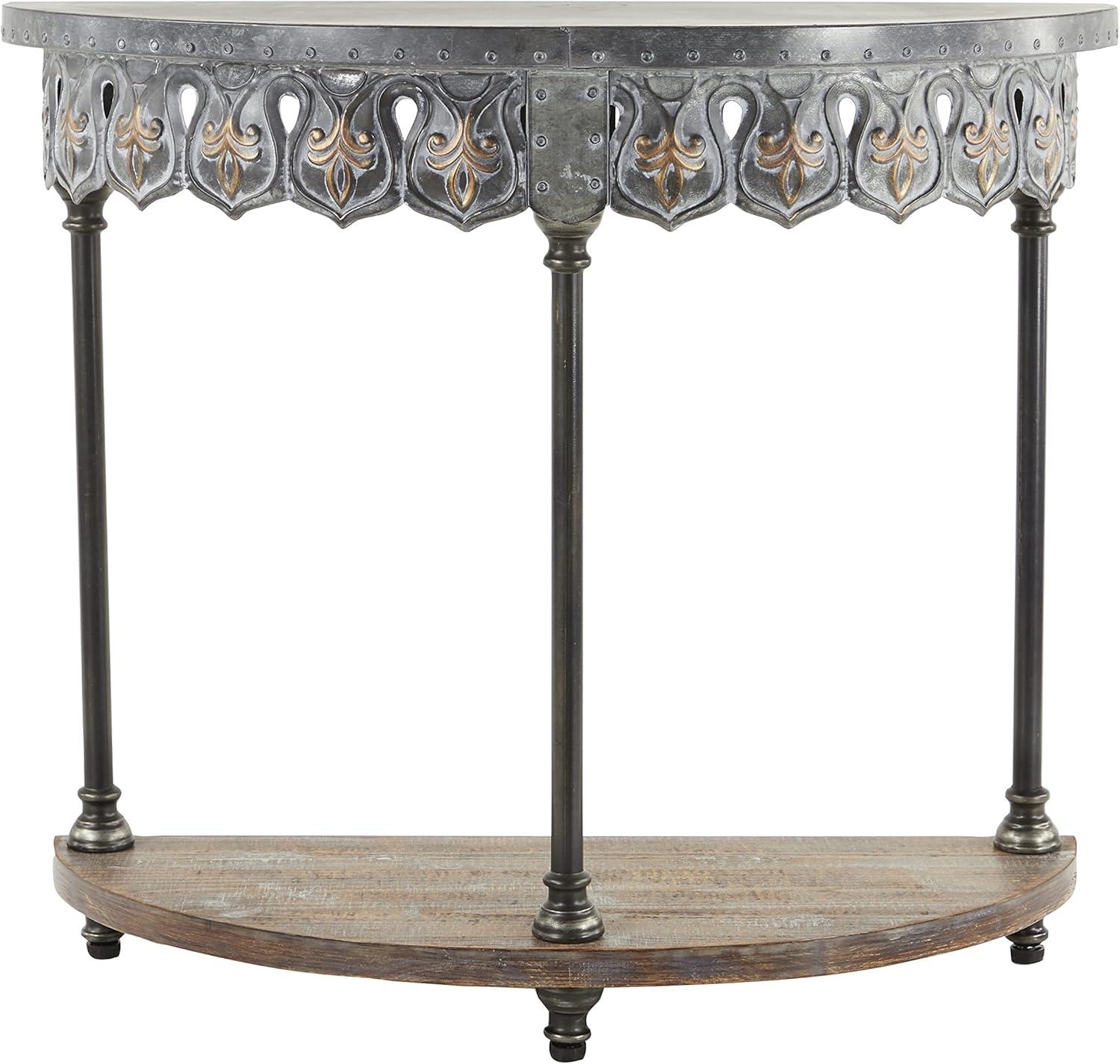 Gray Metal and Wood Demilune Console Table with Storage