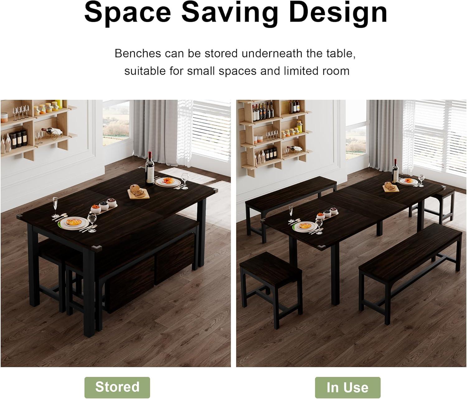 Espresso Extendable Dining Table Set with Benches and Stools