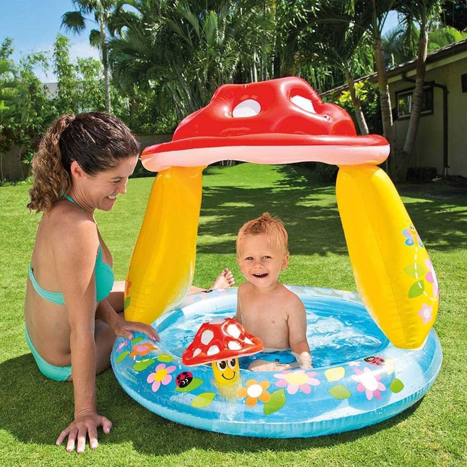 INTEX 57114EP Mushroom Baby Pool: Built-In Mushroom Shade – Soft Inflatable Floor – Durable Vinyl – Ages 1-3 – 40" x 35"