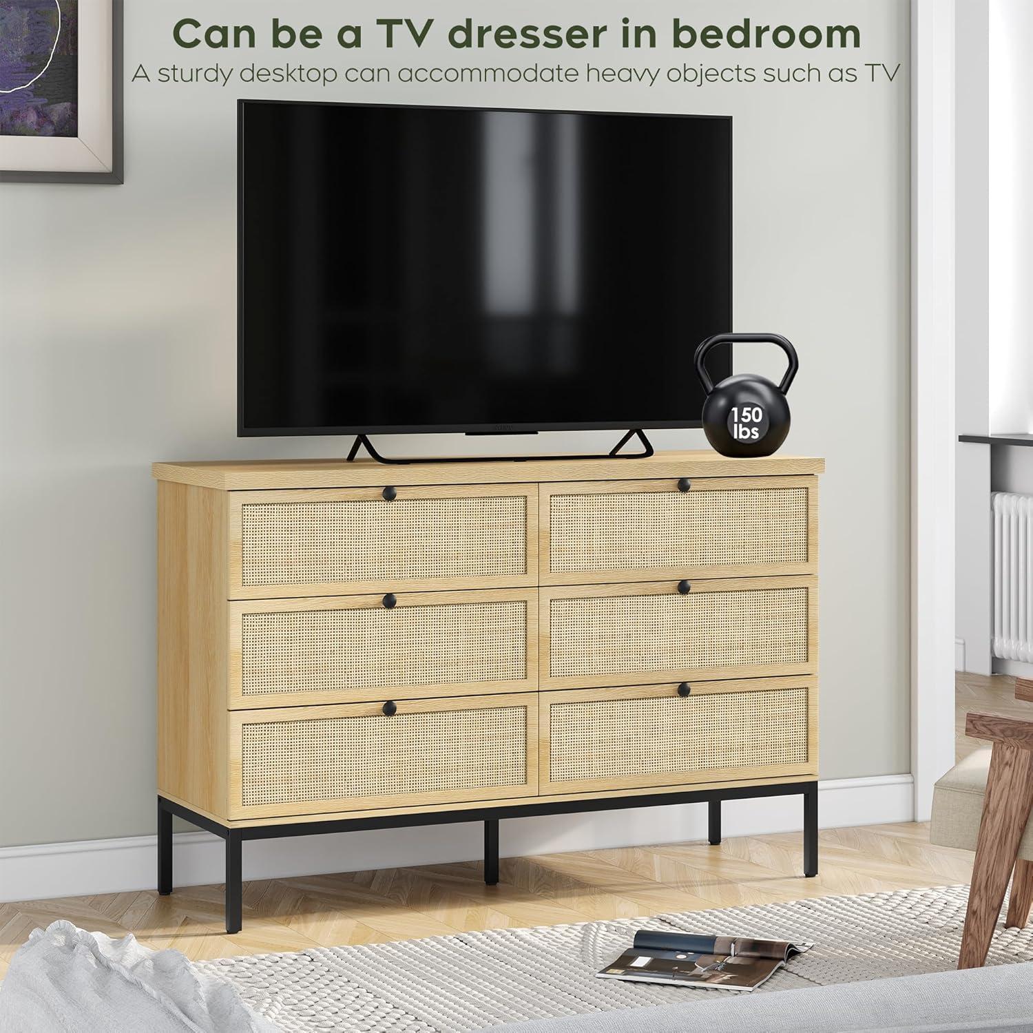 Natural Rattan 6-Drawer Dresser with Black Steel Legs