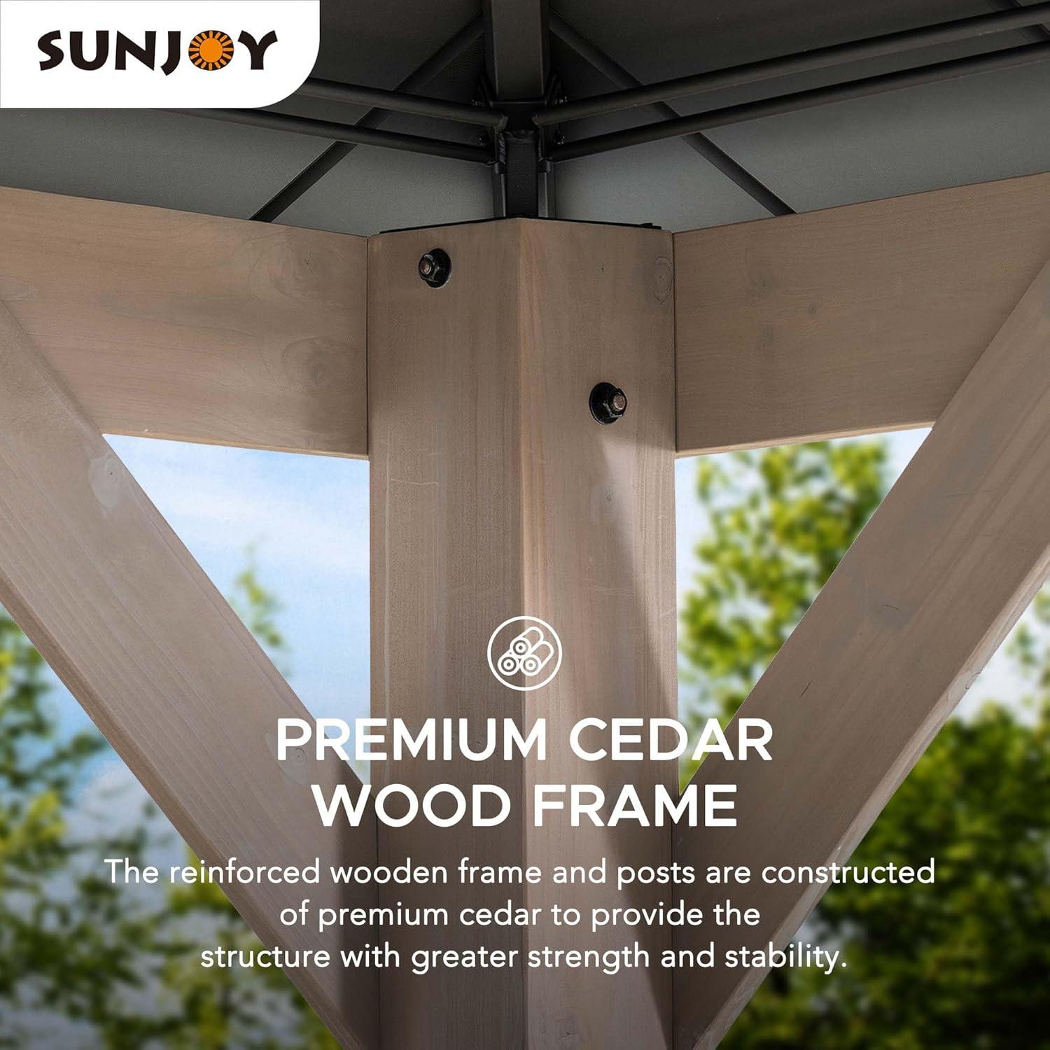 SUNJOY Hardtop Gazebo 13 x 15 ft. Standard Cedar Framed Wood Gazebo, Outdoor Patio Gazebo with Dark Brown Steel and Polycarbonate Hip Roof and Ceiling Hook, Dark Brown Roof + Dark Wood Frame