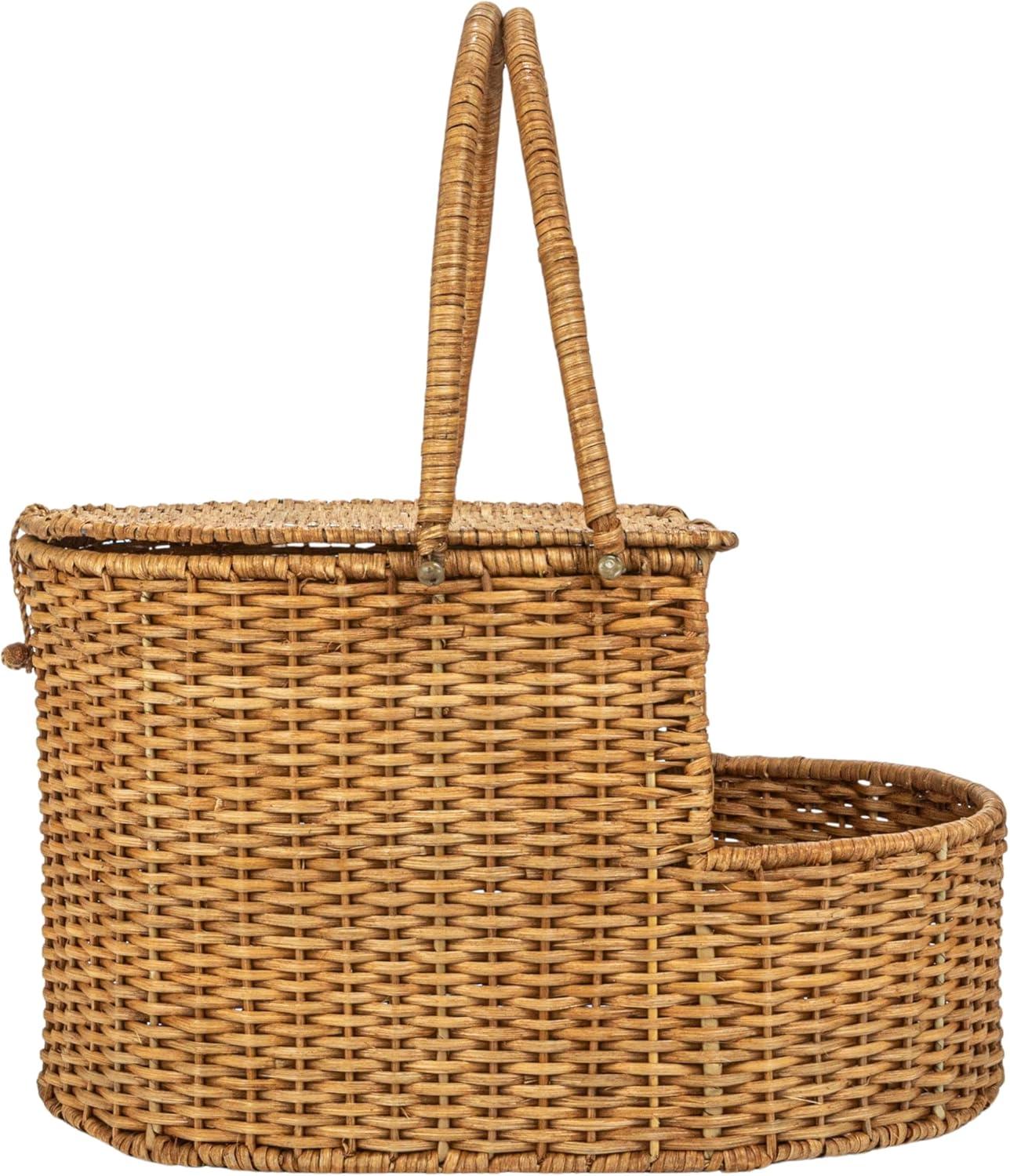 Creative Co-Op Oval Rattan Wicker Picnic Basket with Open Side Compartment, Natural