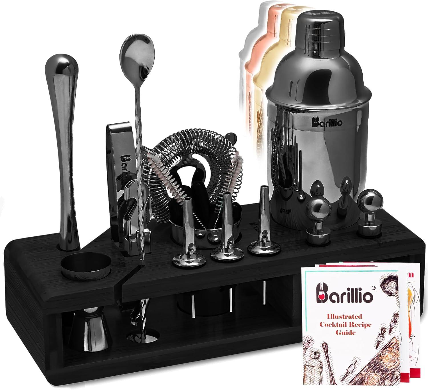 Black Stainless-Steel Bartender Kit with Bamboo Stand