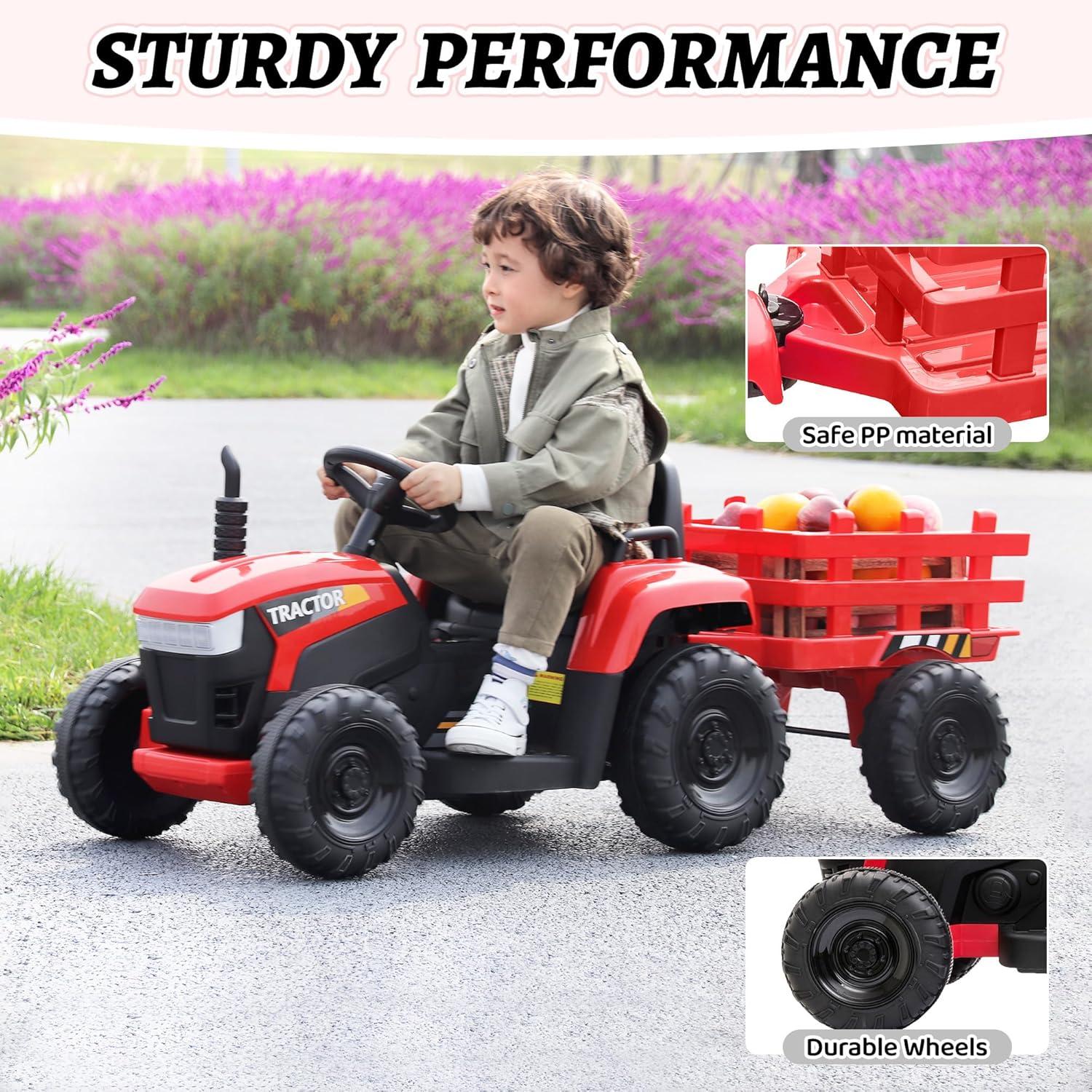 12V Kids Ride On Tractor with Trailer, Battery Powered Electric Car with Music, USB, Music, LED Lights