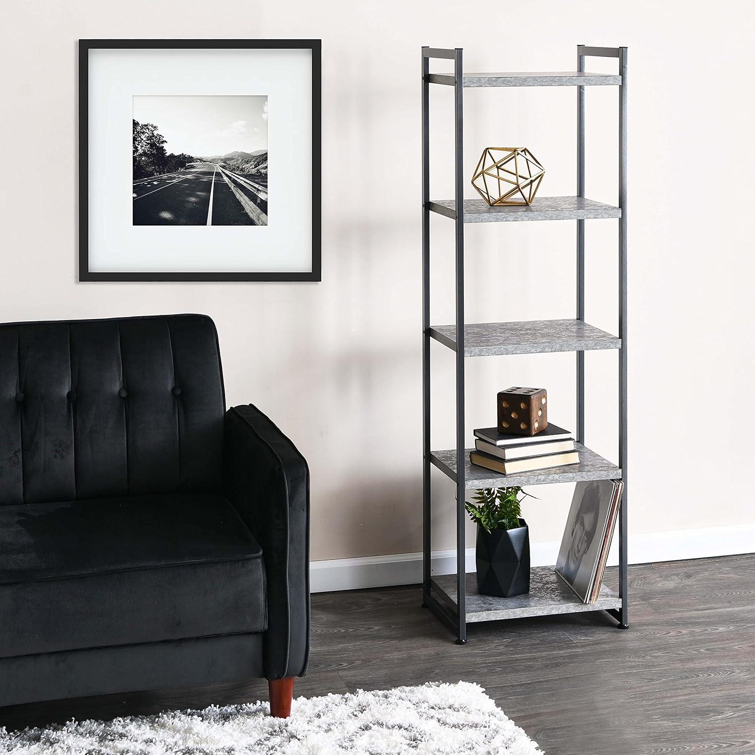 Household Essentials Jamestown Narrow 5 Shelf Open Storage Bookshelf Rustic Slate Concrete and Black Metal