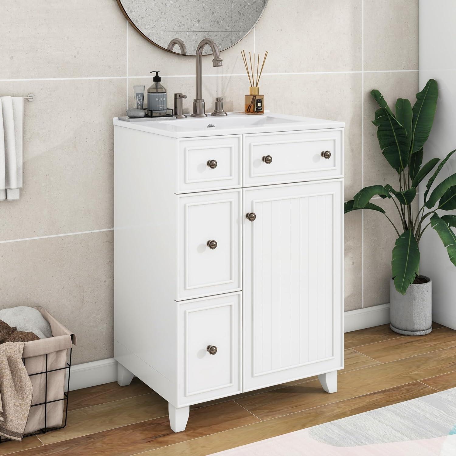 Harper & Bright Designs 24" Bathroom Vanity with Sink, Free Standing Single Basin Vanity Set with Two Drawers and One Door, Modern Wooden Bathroom Cabinet with Ceramic Basin for Bathroom, White