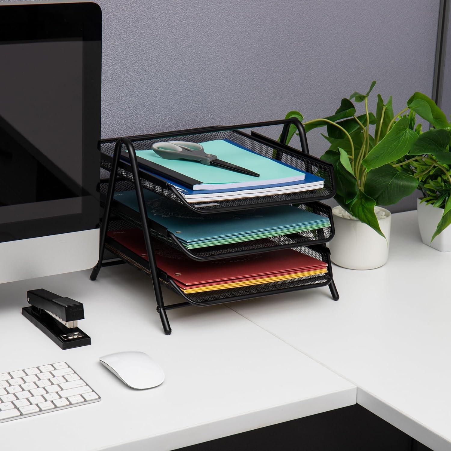 Black Steel Mesh 3-Tier Letter Tray Organizer