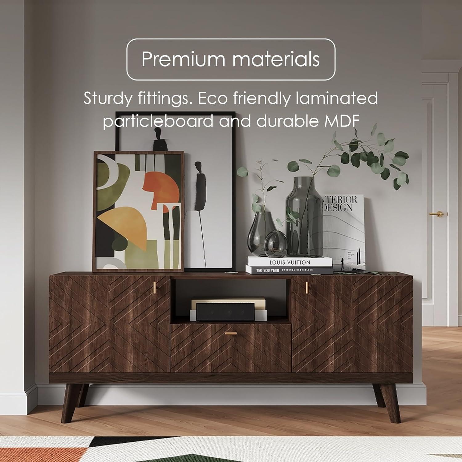 Living Skog  Alba Beige TV Stand Console with Drawer Fits TV's up to 65 in. with Wood Legs Mid Century Modern Design Beige Laminate Up to 240 lbs