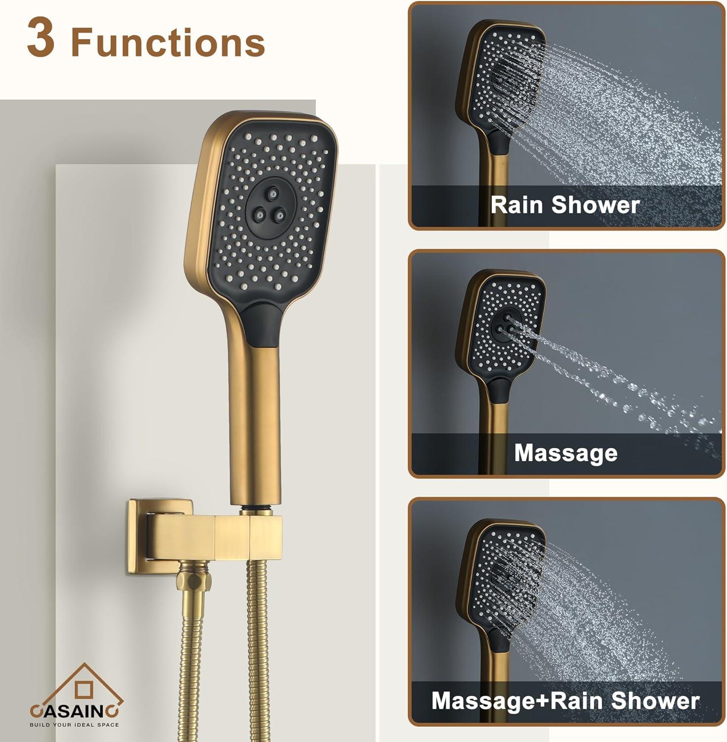 Revitalize 3-Function 12 Inch Wall Mount Rainfall Thermostatic Shower System with 6 Body Jets