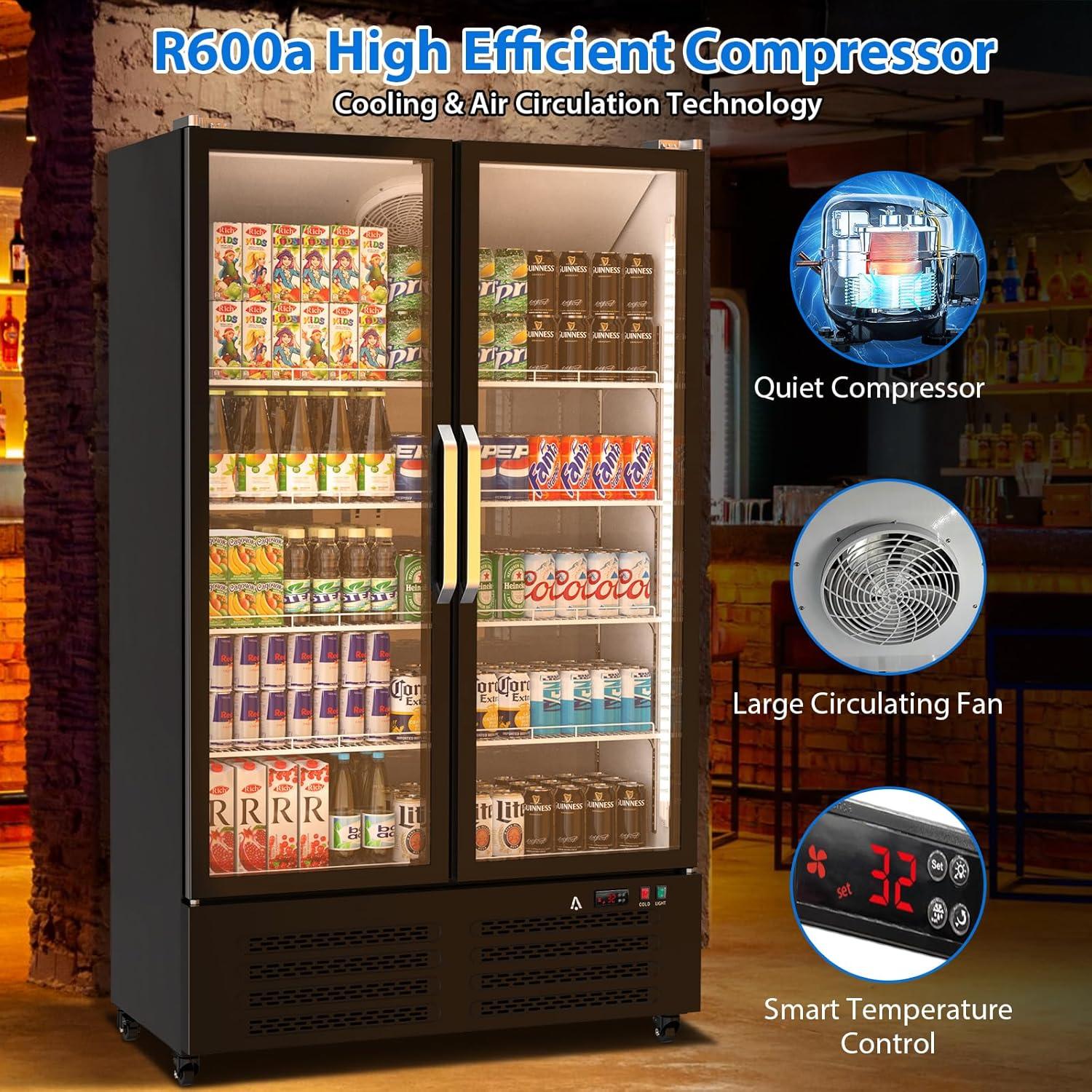 Aoile Commercial Display Refrigerator 25.5 Cu.Ft, Double Glass Door Upright Merchandiser Beverage Cooler with Wheels & LED Lighting