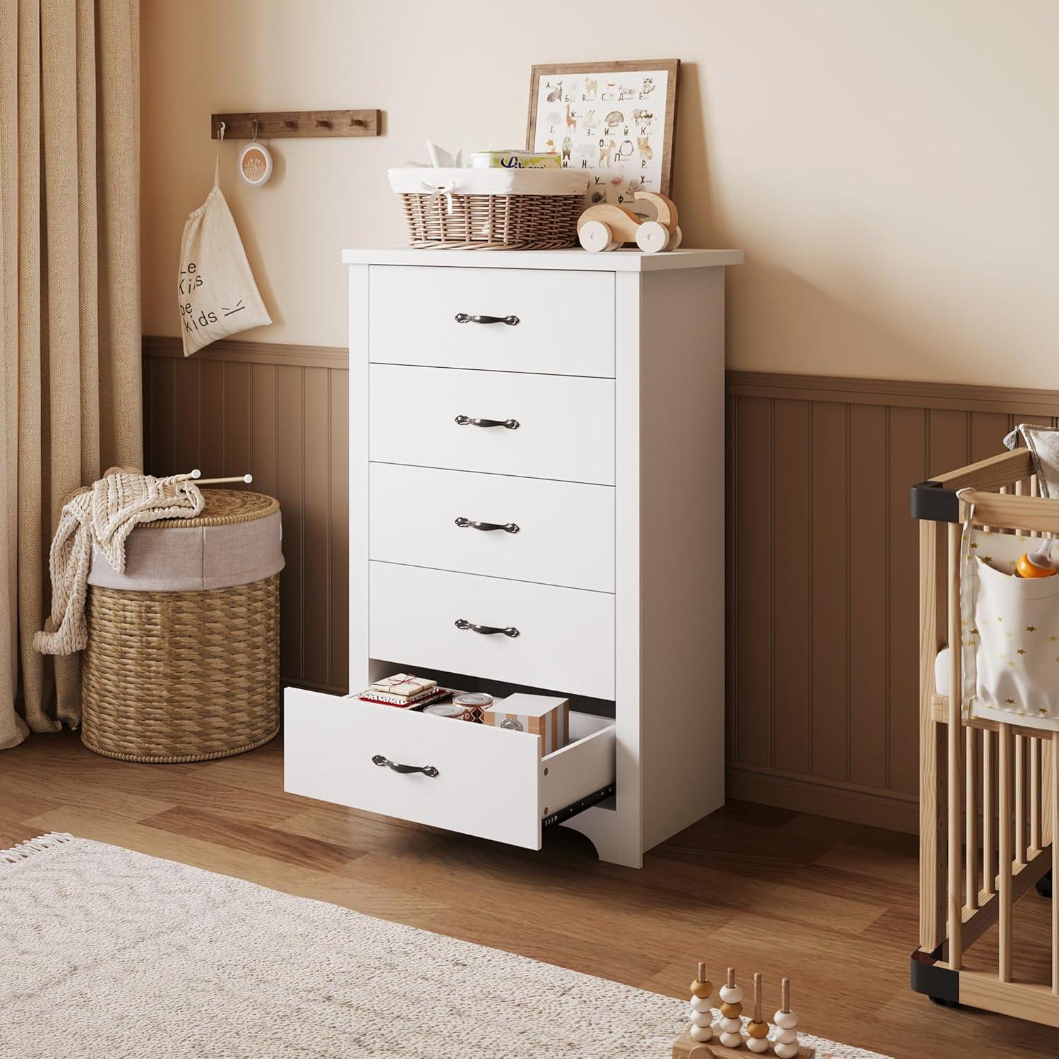 White Mid-Century Modern 5-Drawer Nursery Dresser