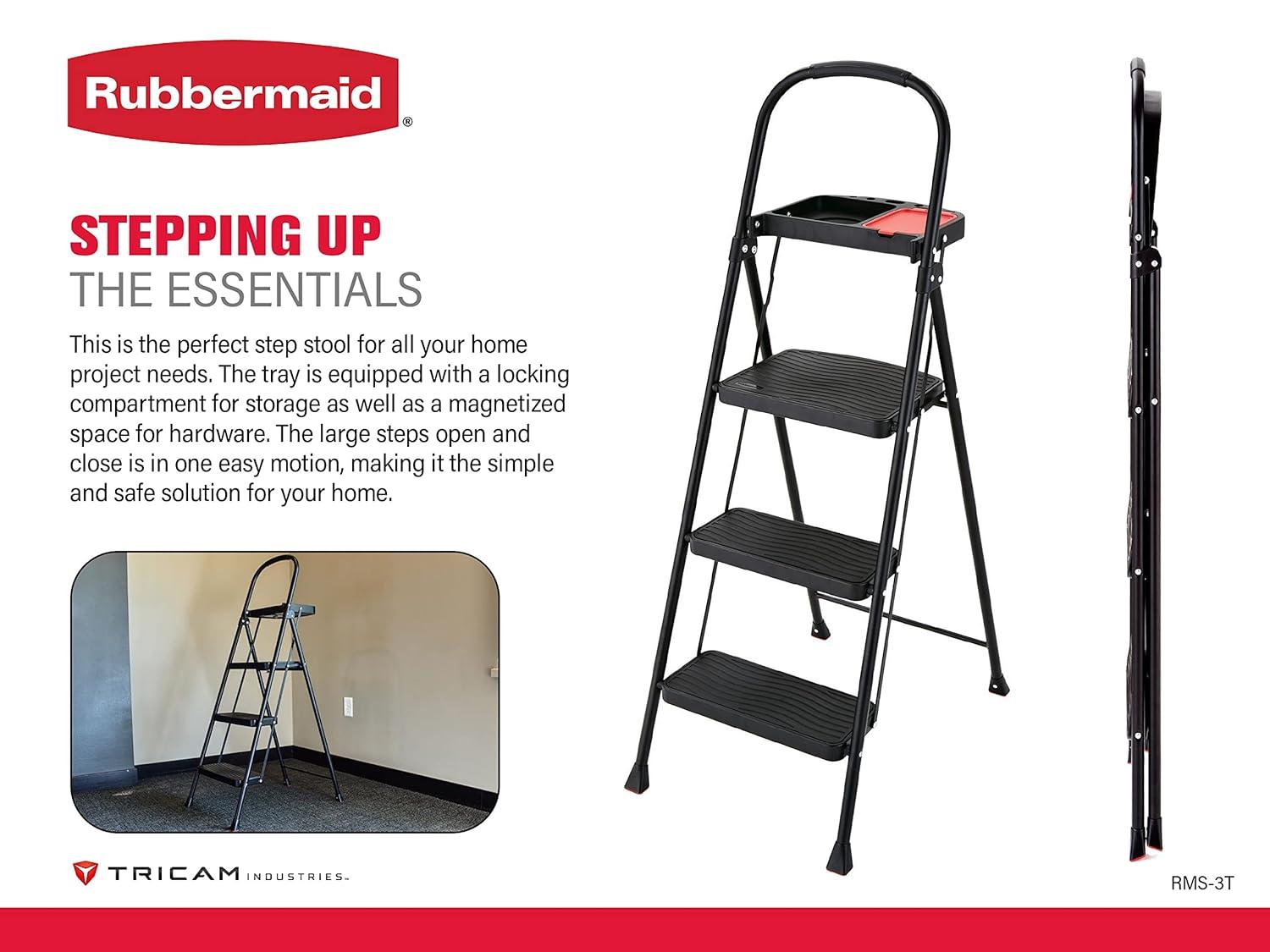 Black Foldable Steel 3-Step Ladder with Project Tray