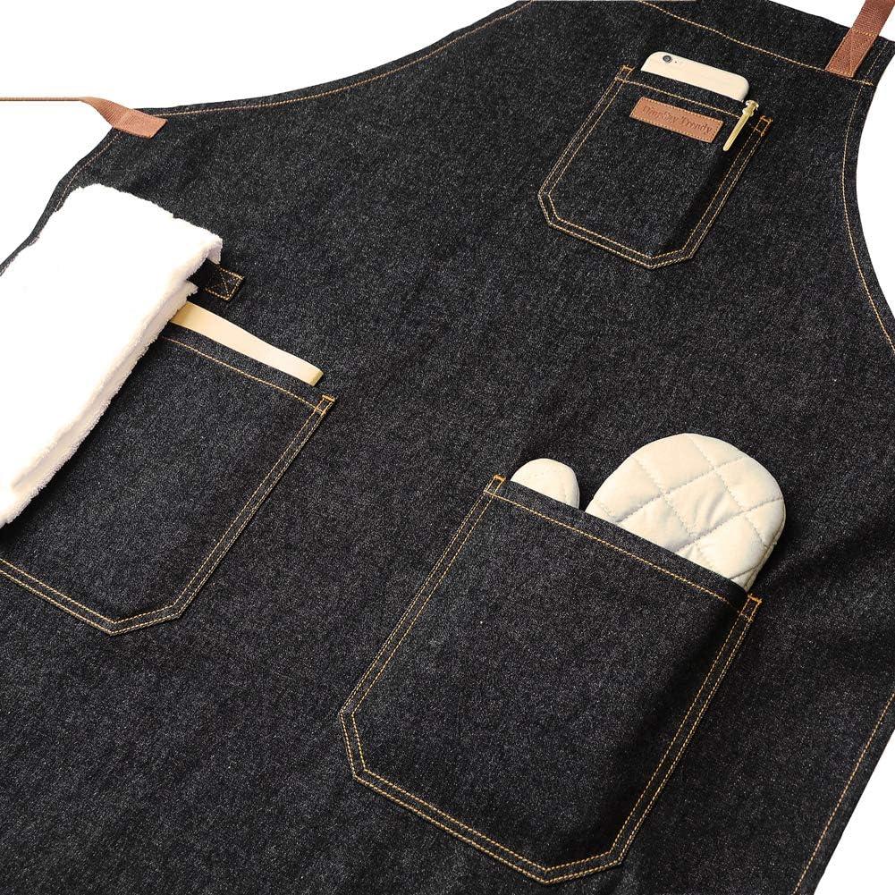 Apron with Pockets, Mens Womens Chef Bib Apron for Kitchen Cooking Grill BBQ Baking Server with Towel Loop