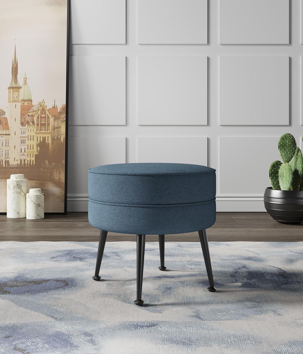 Bailey Blue Round Upholstered Ottoman with Black Stainless Steel Legs