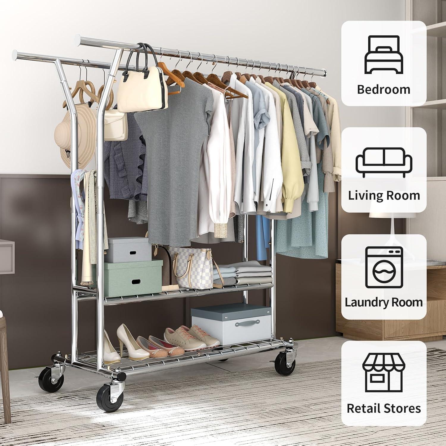 Rebrilliant Freestanding Rolling Garment Rack with Shelves and Wheels