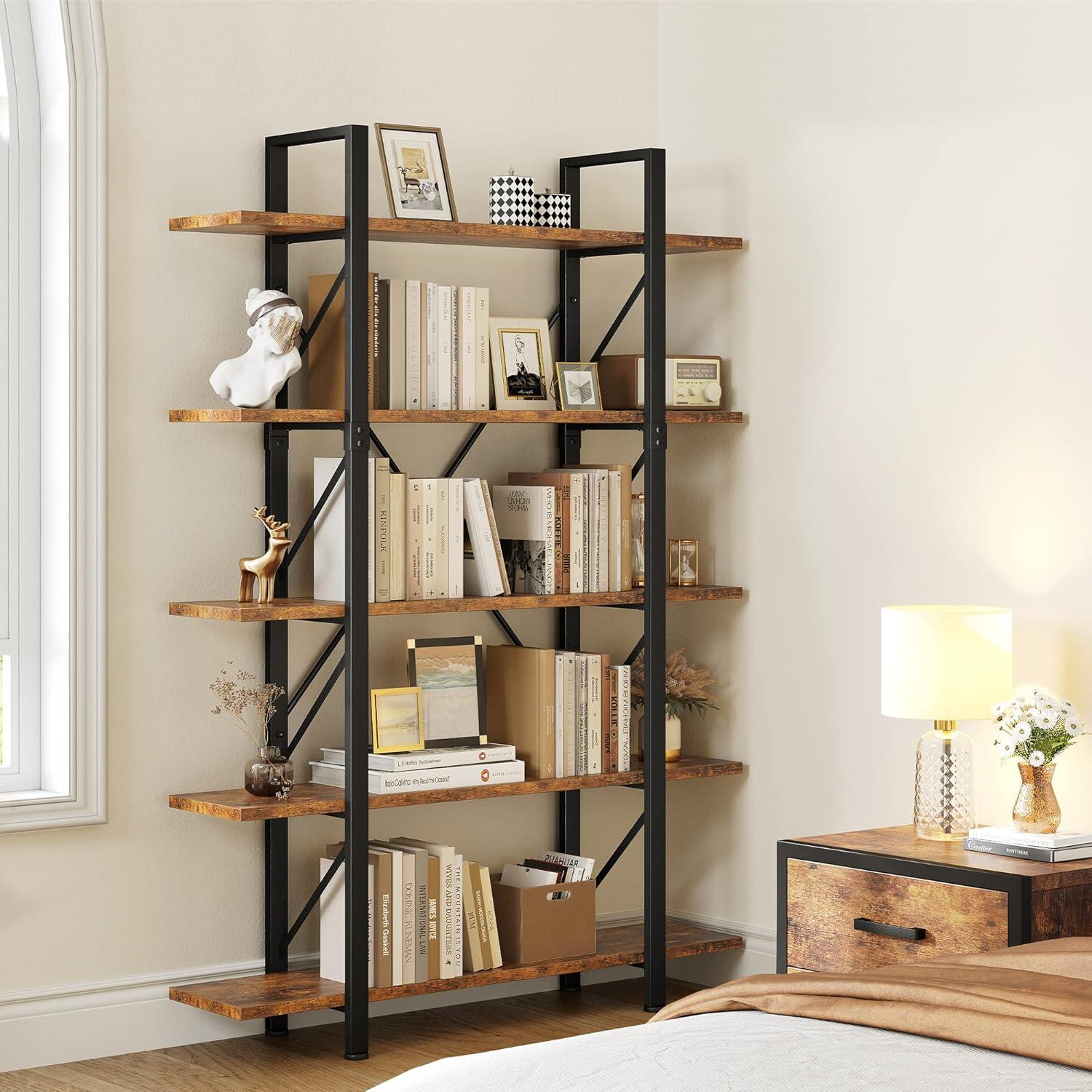 Rustic Brown 5-Tier Adjustable Industrial Bookshelf