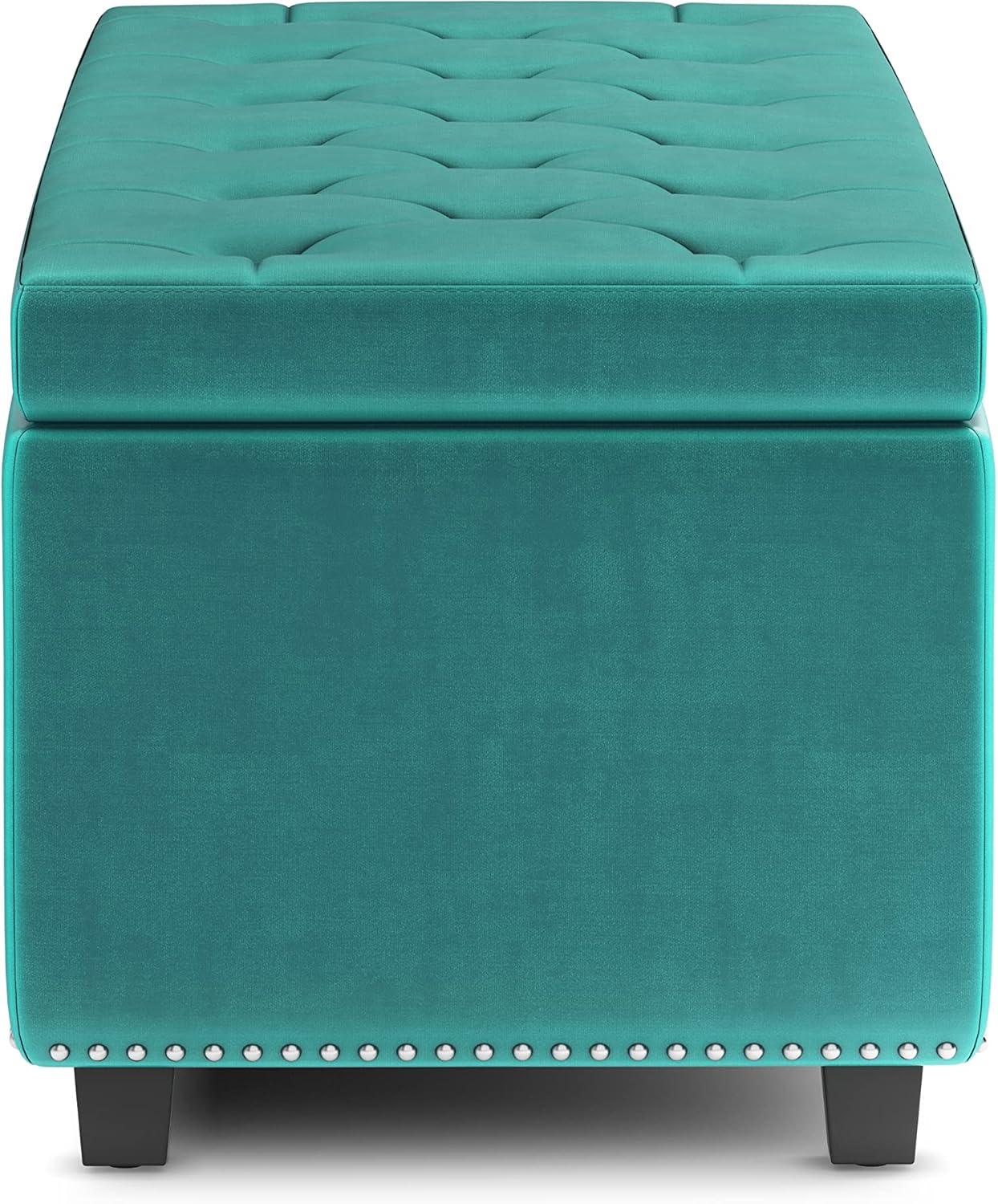 Simpli Home Hamilton 48 inch Wide Traditional Rectangle Storage Ottoman in Aqua Blue Velvet Fabric