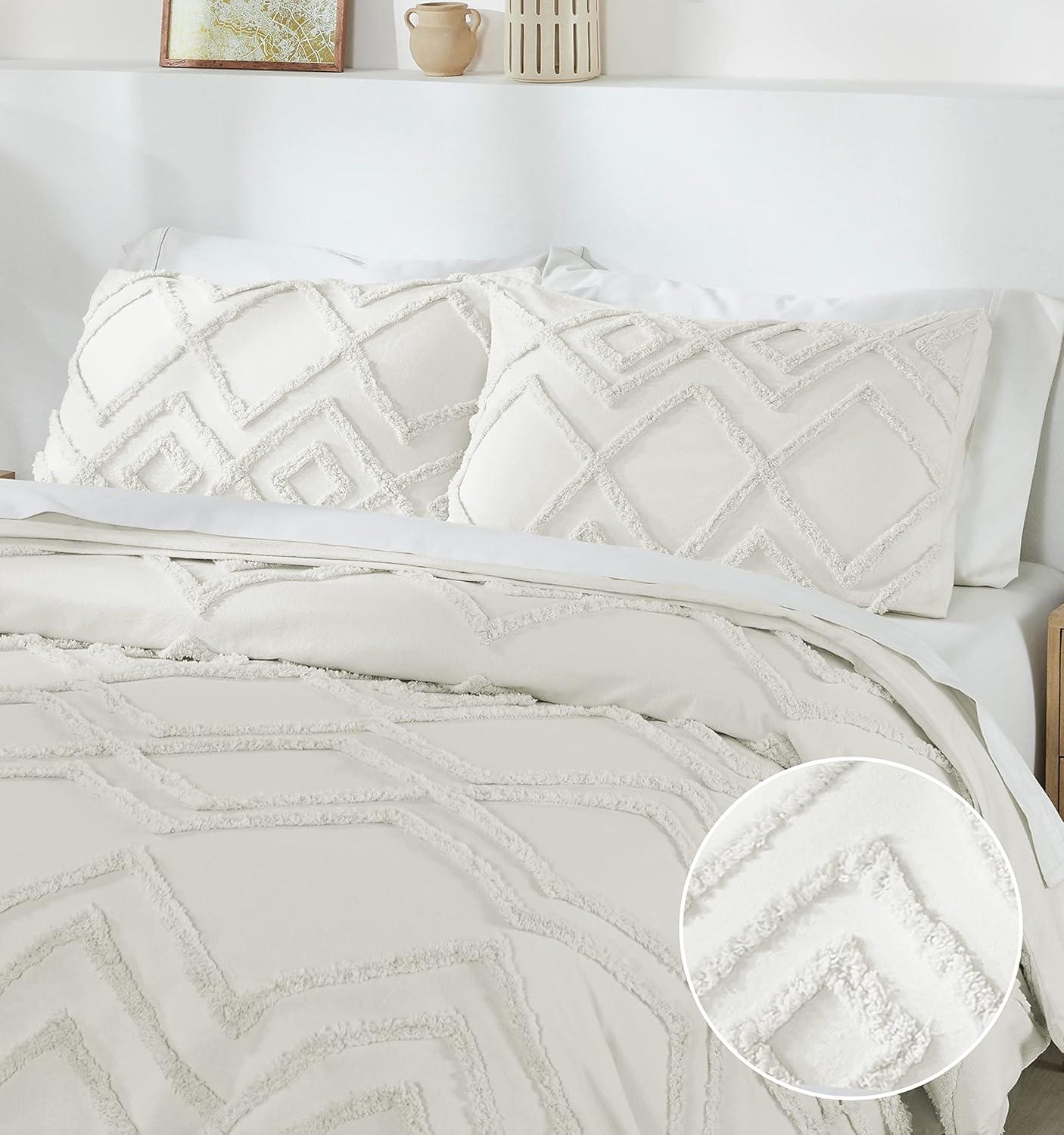 Cream Boho Tufted Cotton King Duvet Cover Set