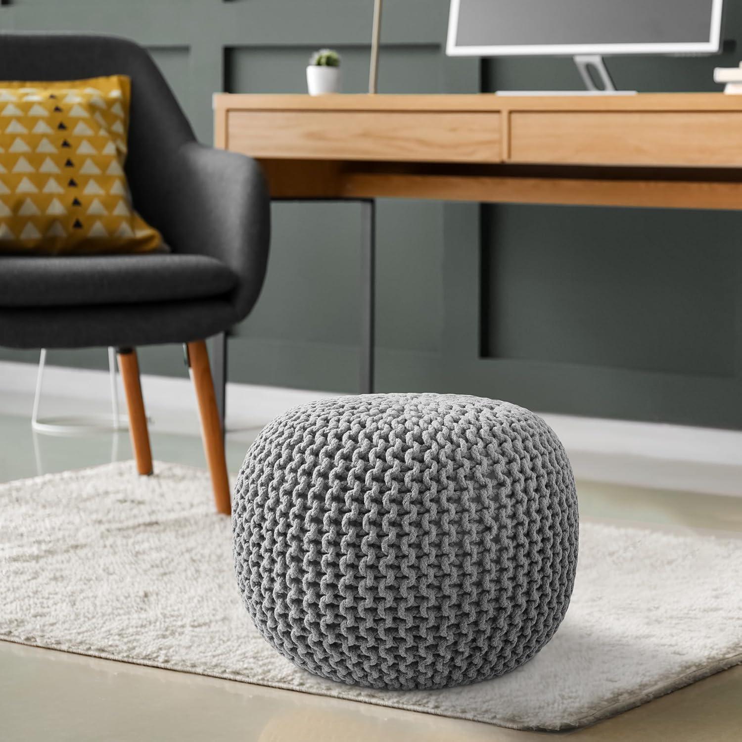 Light Gray Hand-Knitted Cotton Round Pouf Ottoman