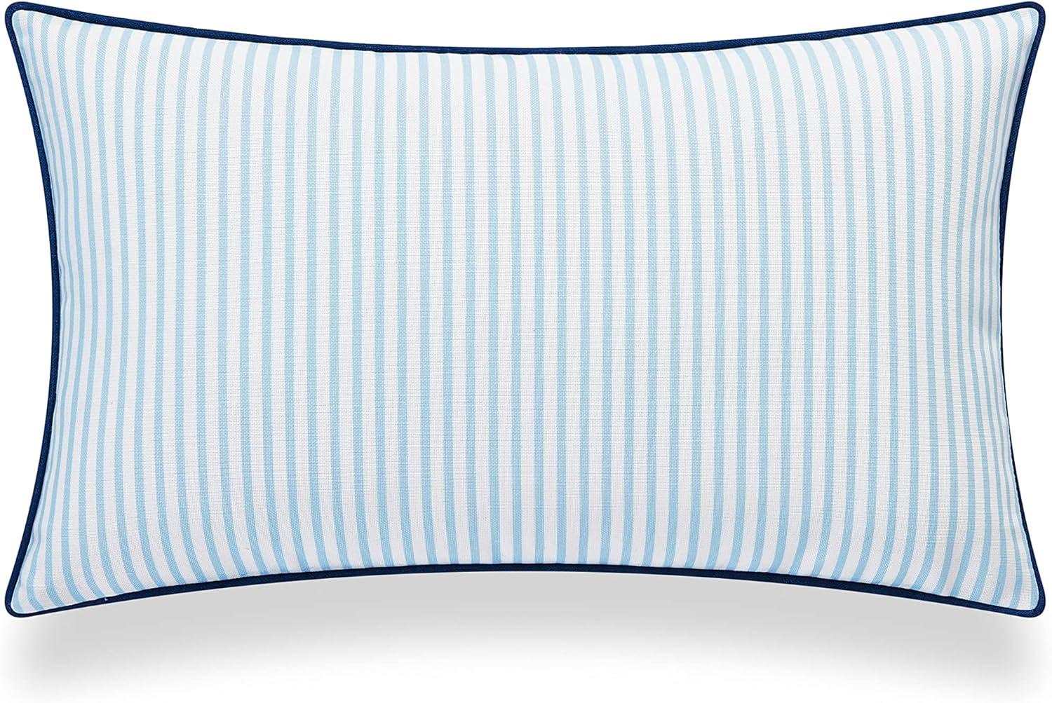 Hofdeco Premium Coastal Hampton Style Patio Indoor Outdoor Lumbar Pillow Cover Only, 12"x20" Water Resistant for Backyard, Couch, Blue Stripe