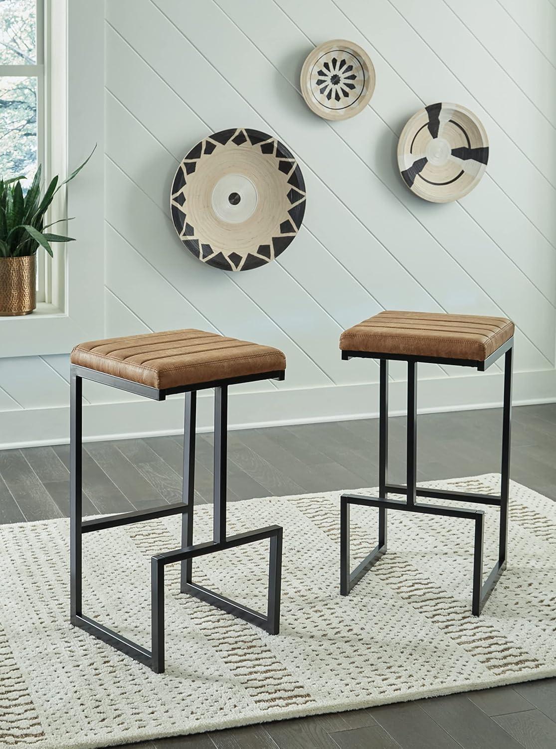 Caramel Faux Leather and Black Metal Bar Stools, Set of 2