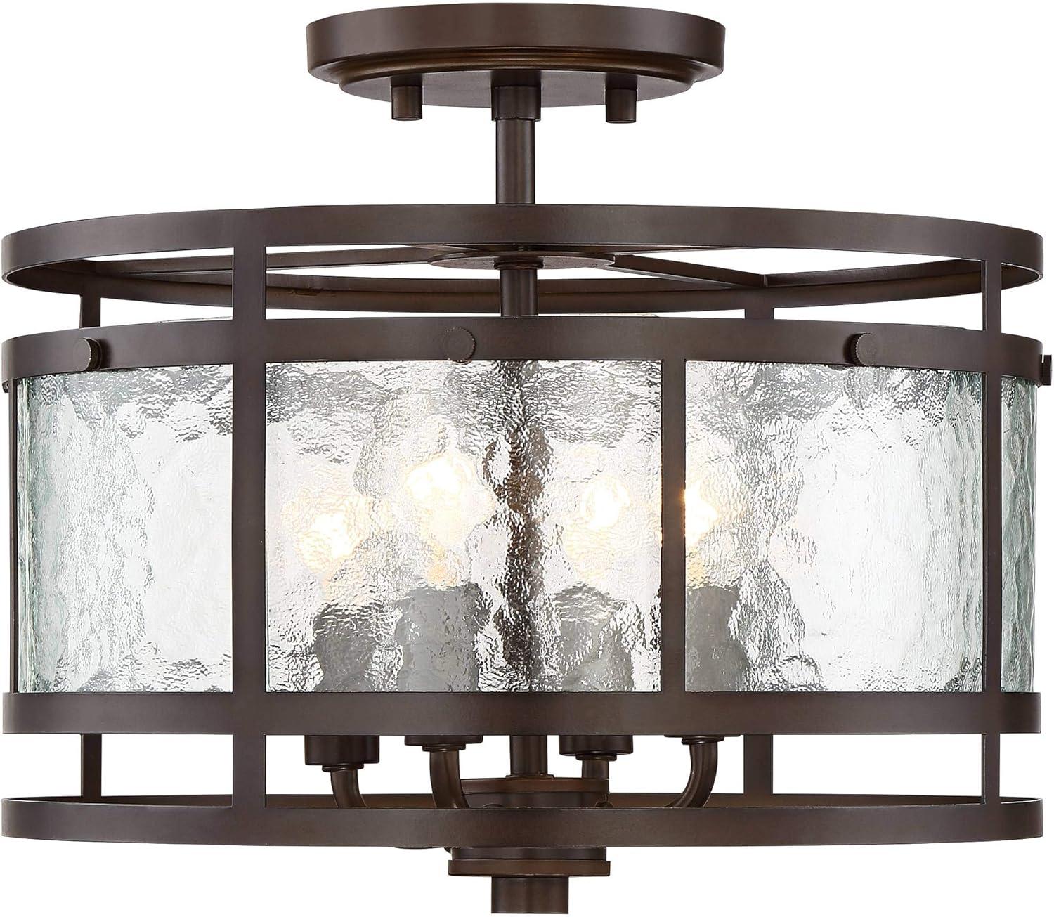 Franklin Iron Works Elwood Modern Ceiling Light Semi Flush Mount Fixture 13 1/4" Wide Oil Rubbed Bronze 4-Light Water Glass Drum Shade for Bedroom