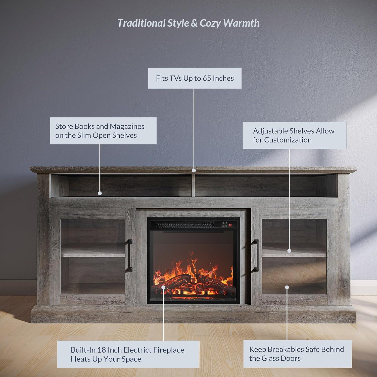 BELLEZE 60" Traditonal TV Stand Media Entertainment Center For TVs up to 65" with 18" Fireplace - Cayman (Gray Wash)