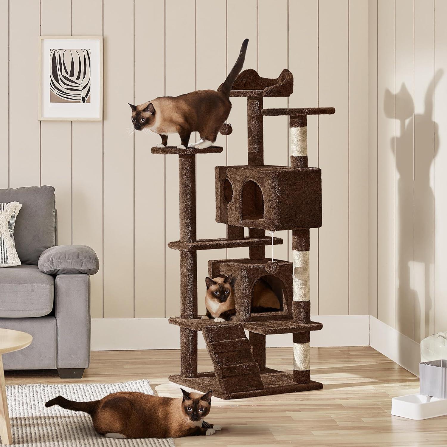 54" Cat Tree, Cat Tower Condo with Scratching Post and Ladder, Pet Furniture with Hanging Ball and Platforms for Indoor, Home