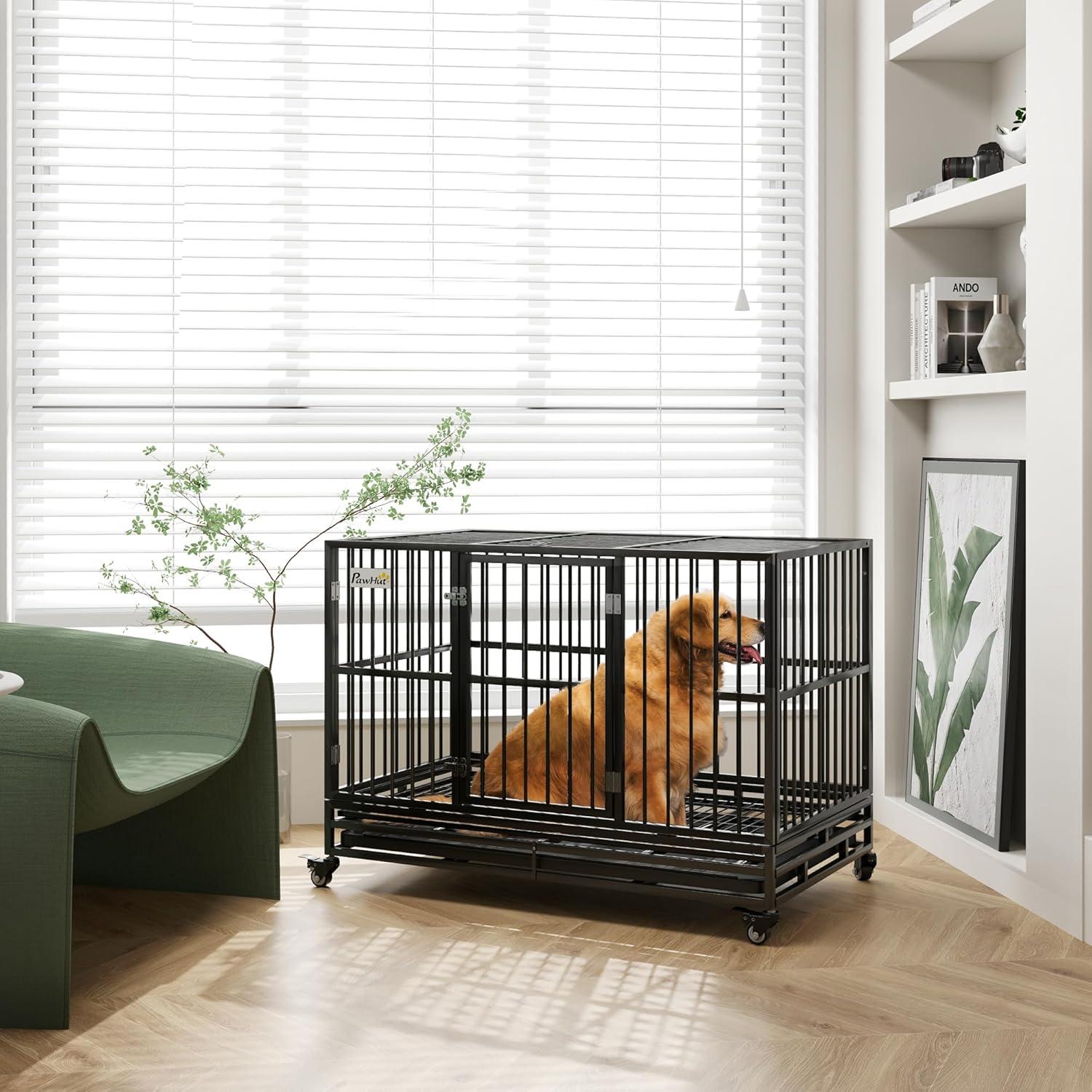 PawHut 48" Heavy Duty Dog Crate Metal Cage Kennel with Lockable Wheels, Double Door and Removable Tray, Gray