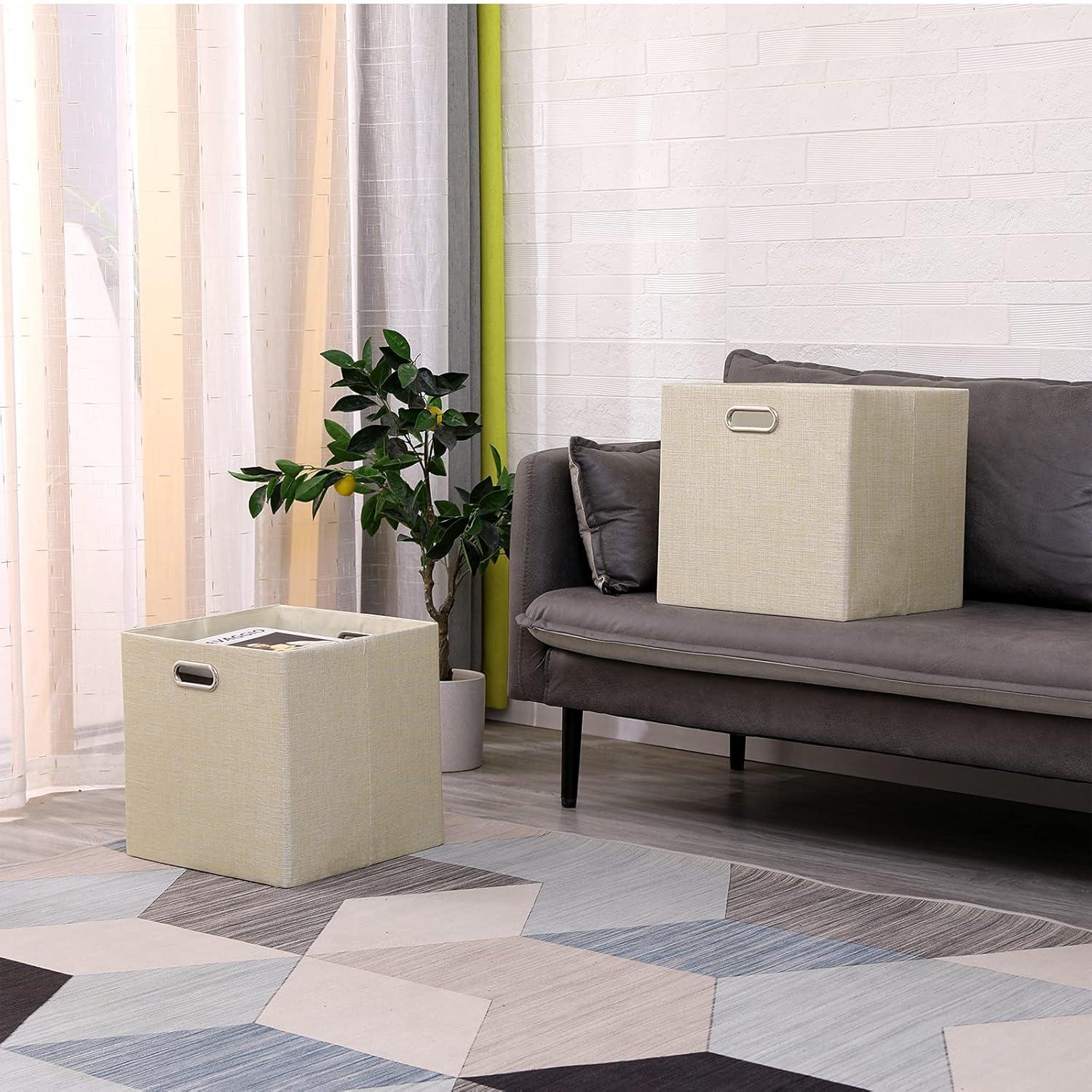 Cube Storage Bins 13×13 Fabric Foldable Box with Handles, Collapsible Organization Basket Set of 4 Large Capacity Drawer for Closet Shelf Cabinet Bookcase Bedroom, Grey-white Stripes