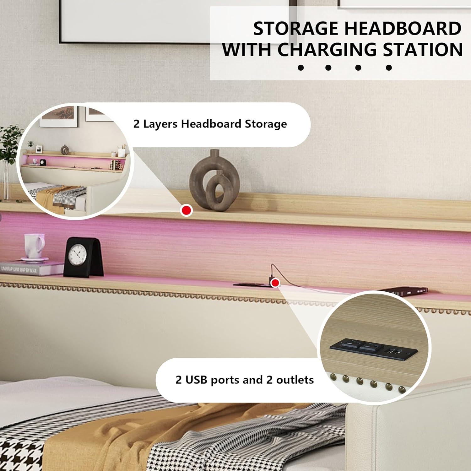 Miekor Muebles Sofá Cama Twin con Cajones de Almacenamiento, Sofá Cama Tapizado con Estación de Carga y Luces Led, Beige (Artículo Antiguo W1580S00022) 00033