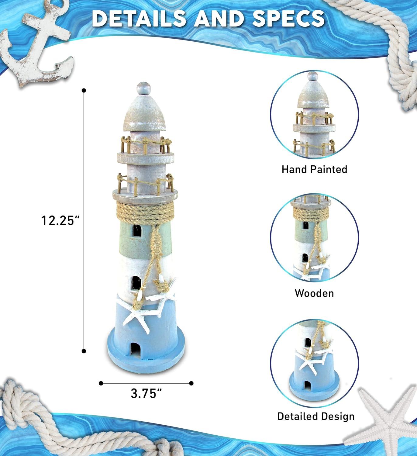 Puzzled COTA Global Ocean Breeze Lighthouse Decor - Handmade and Crafted Wooden Lighthouse Decoration with Starfish, Decorative Beach Style Tabletop Centerpiece - 12.25 Inches