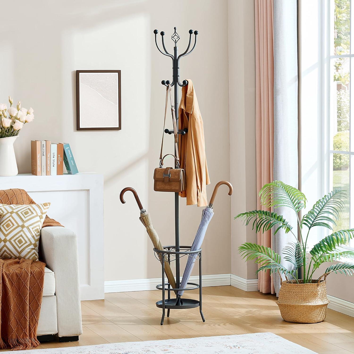 Tajsoon Coat Rack Stand with Umbrella Holder, Freestanding Coat Hanger Stand with Umbrella Stand, Entryway Coat Rack with 12 Hooks to Hold Clothes, Coat Tree for Living Room Bedroom Office, Grey